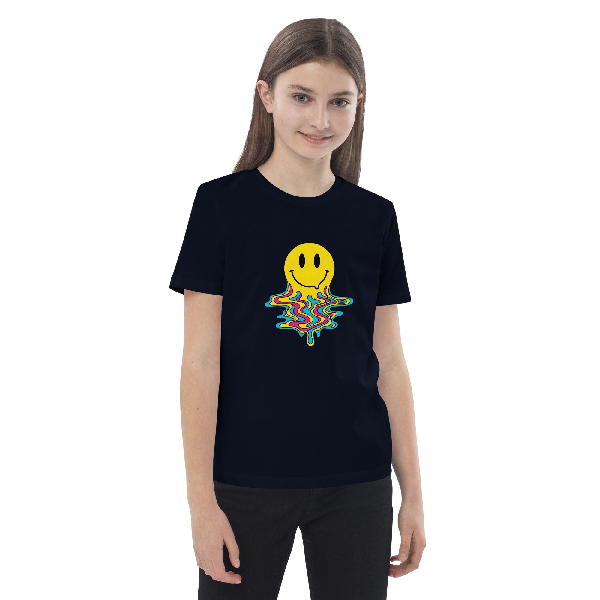The Coocosh t-shirt for children showcases a unique melted smiley face pattern, crafted from soft organic cotton in pink, perfect for everyday wear.
