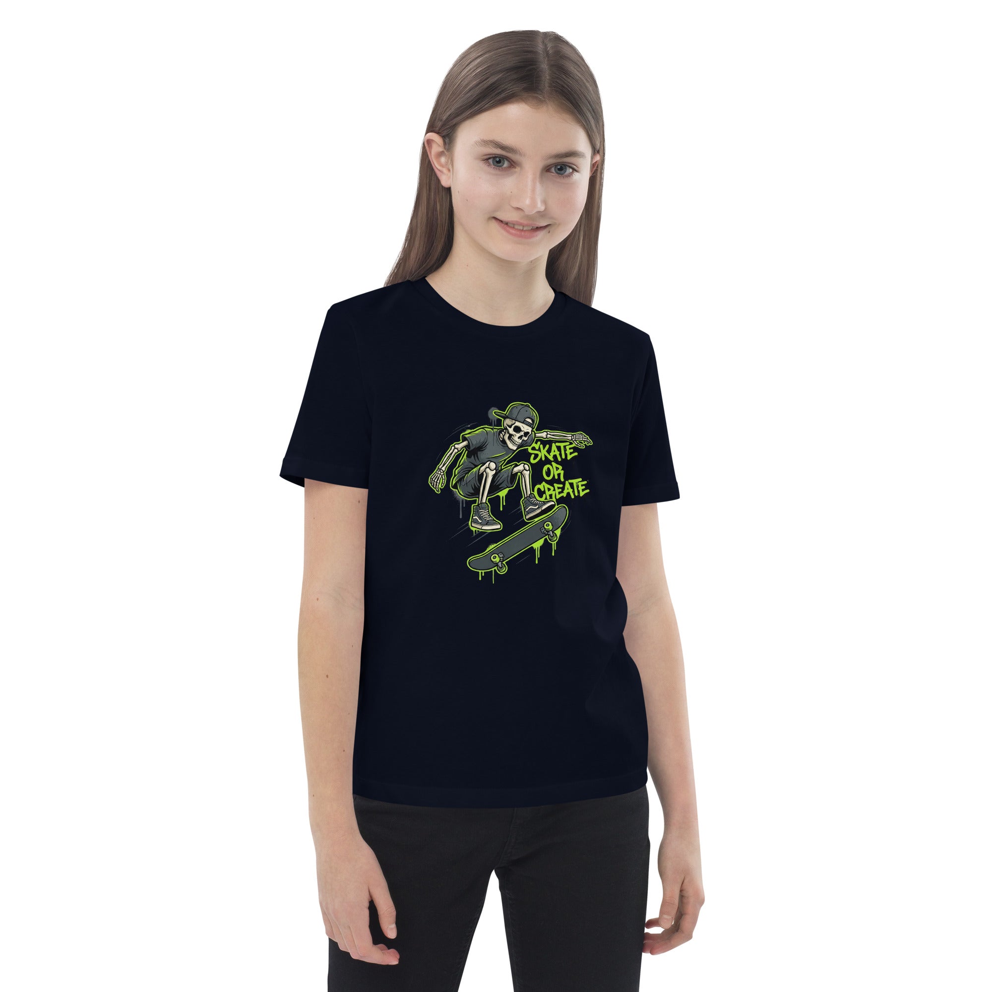 Coocosh's fun organic cotton t-shirt for kids in green, featuring a skateboard-loving skeleton design. Great for active playtime.