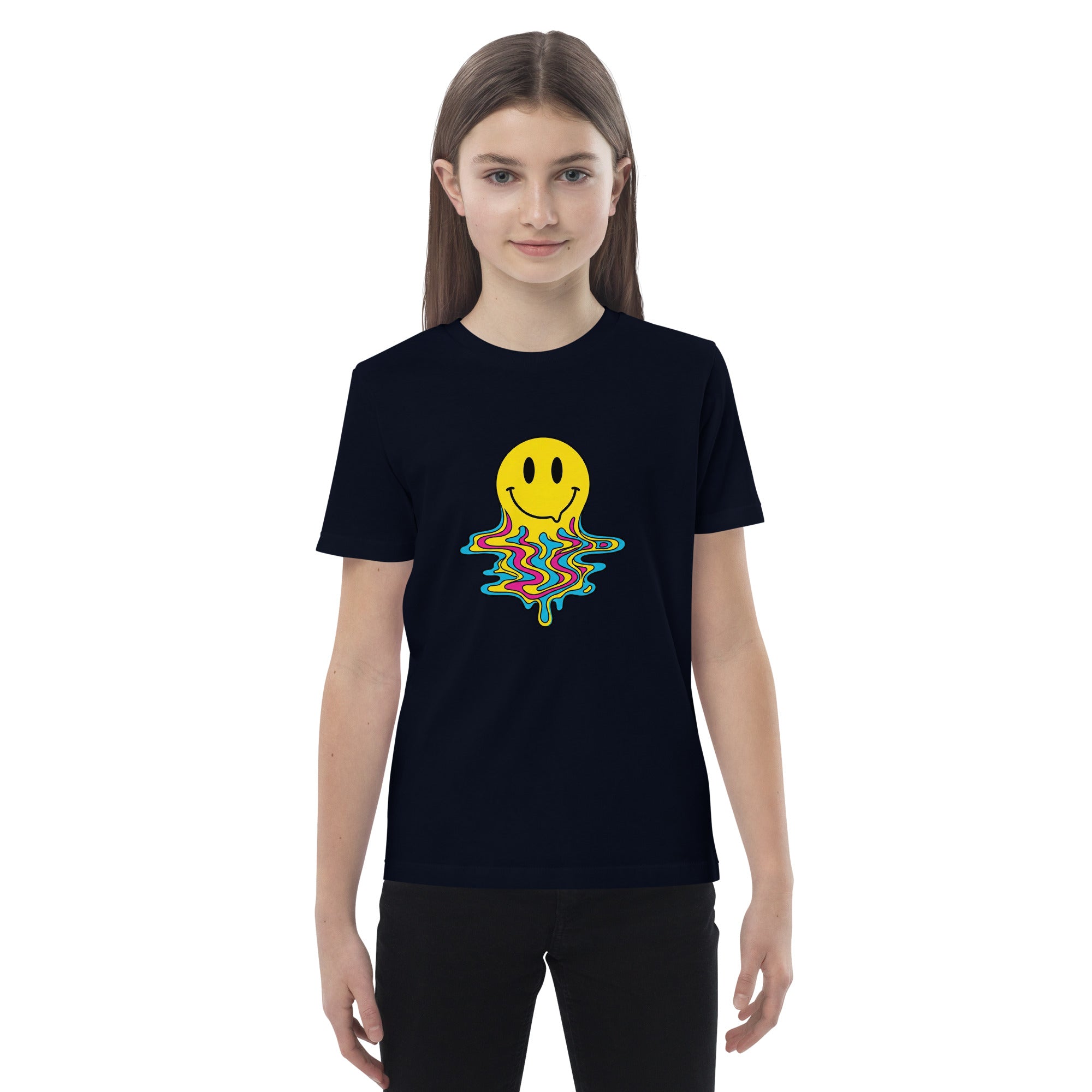Coocosh offers an organic cotton t-shirt for kids with a psychedelic melting smiley face, sporting a fun blue variant, ideal for playtime adventures.