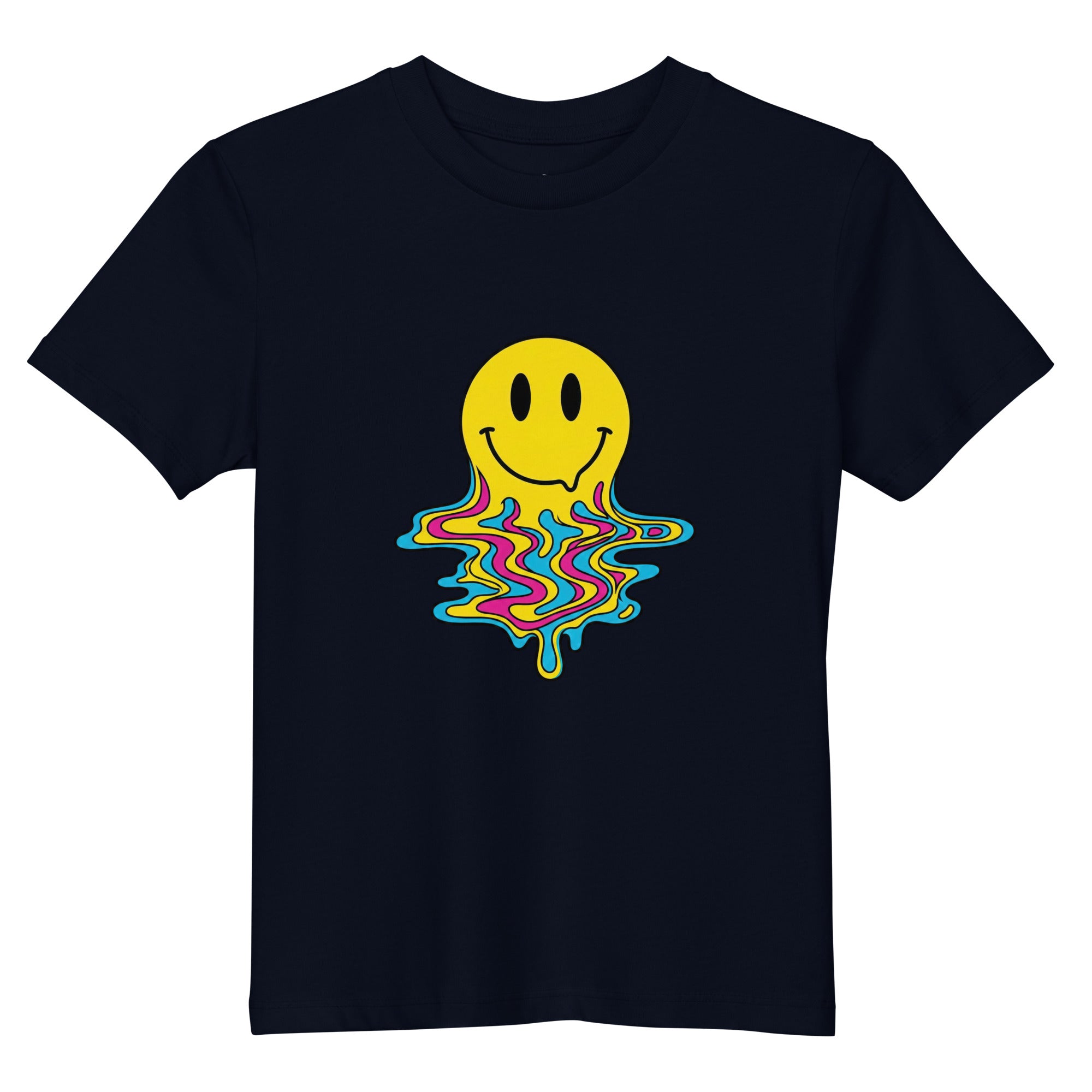 The Coocosh kids t-shirt features a playful pink melting smiley face, made from organic cotton, suitable for stylish summer wear.