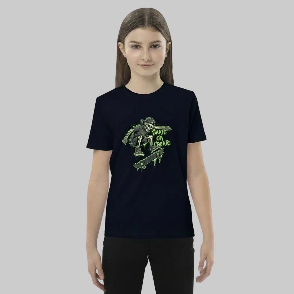 Person wearing a black t-shirt with a green graphic design on a white background