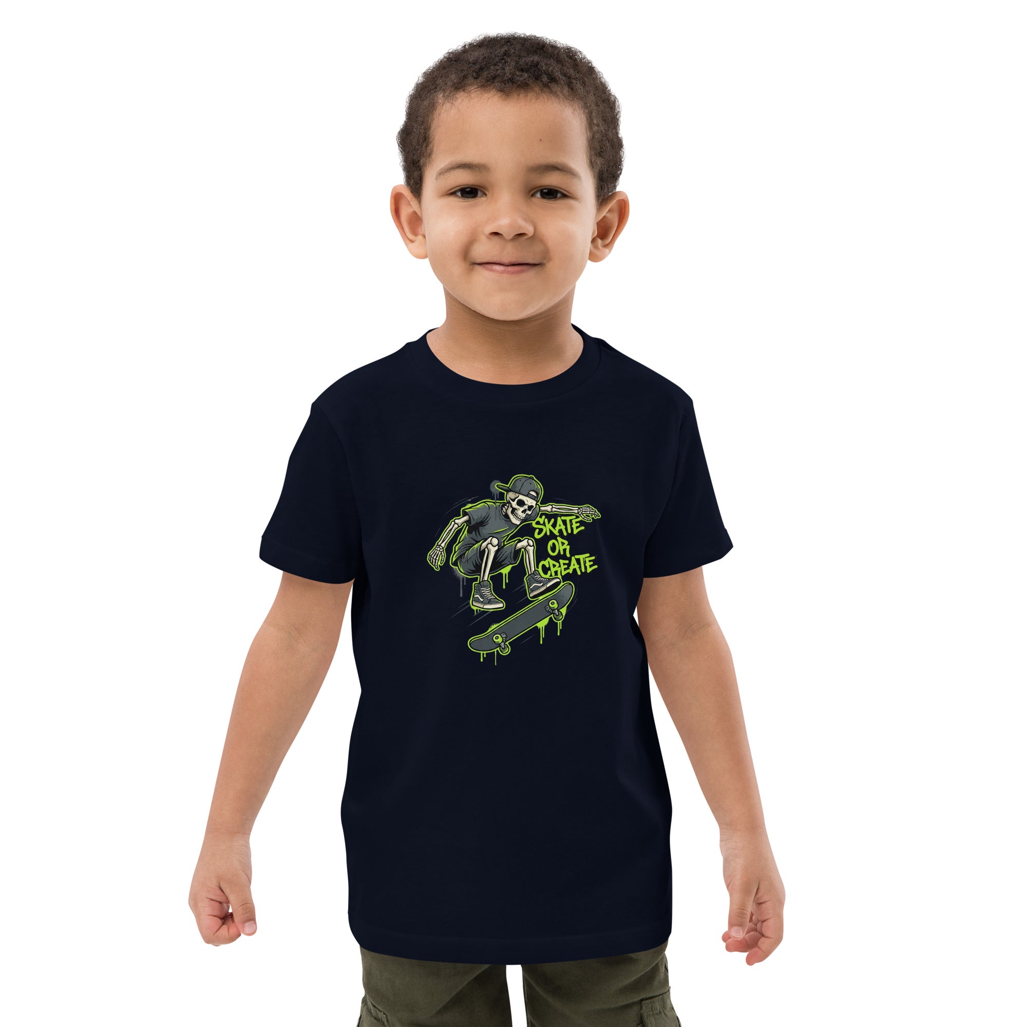 Vibrant green Coocosh organic cotton t-shirt for kids, showcasing a graffiti skeleton design. A fun choice for skateboard enthusiasts.
