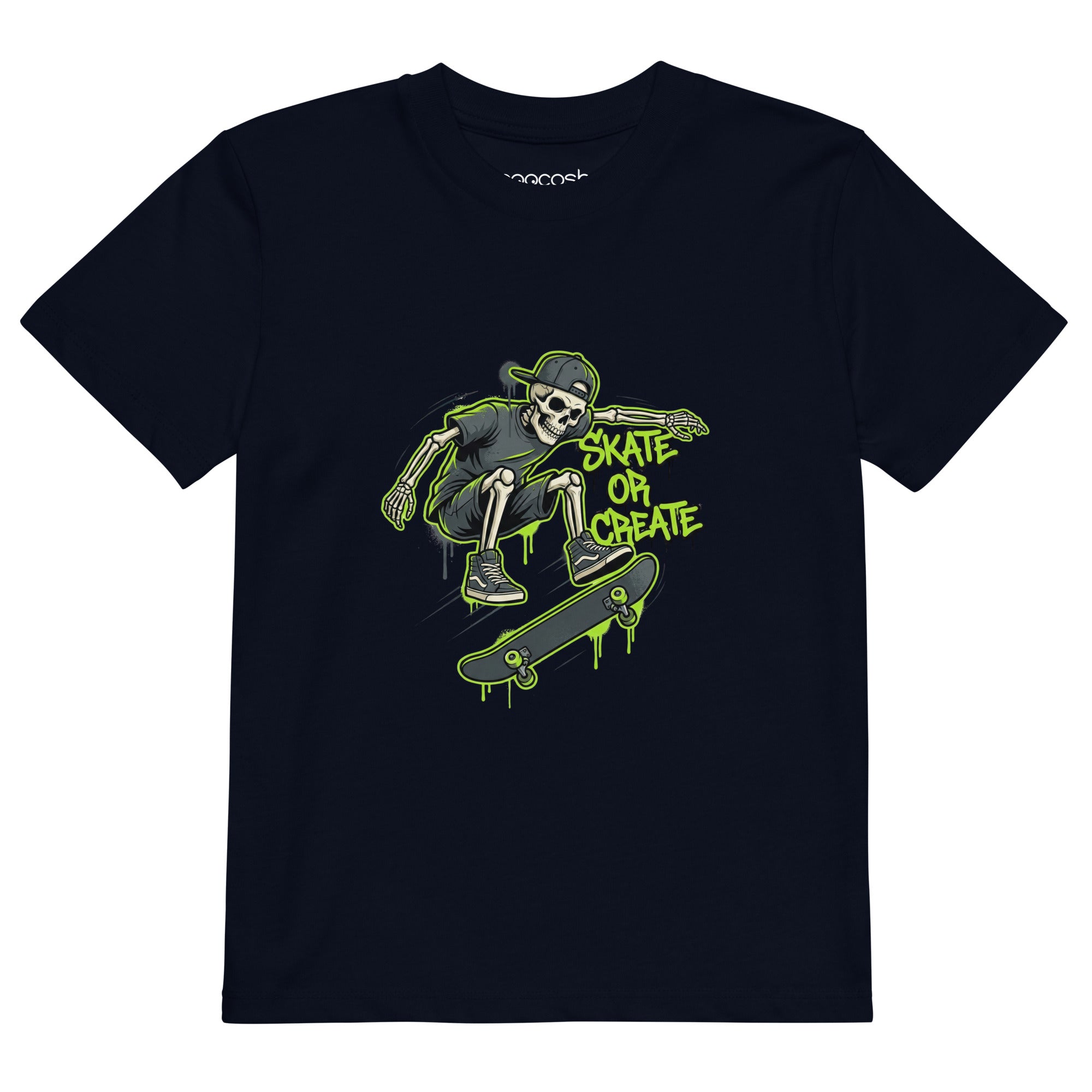 Coocosh vibrant green organic cotton t-shirt for kids featuring a skeleton design. Ideal for skateboarding and playful outdoor activities.