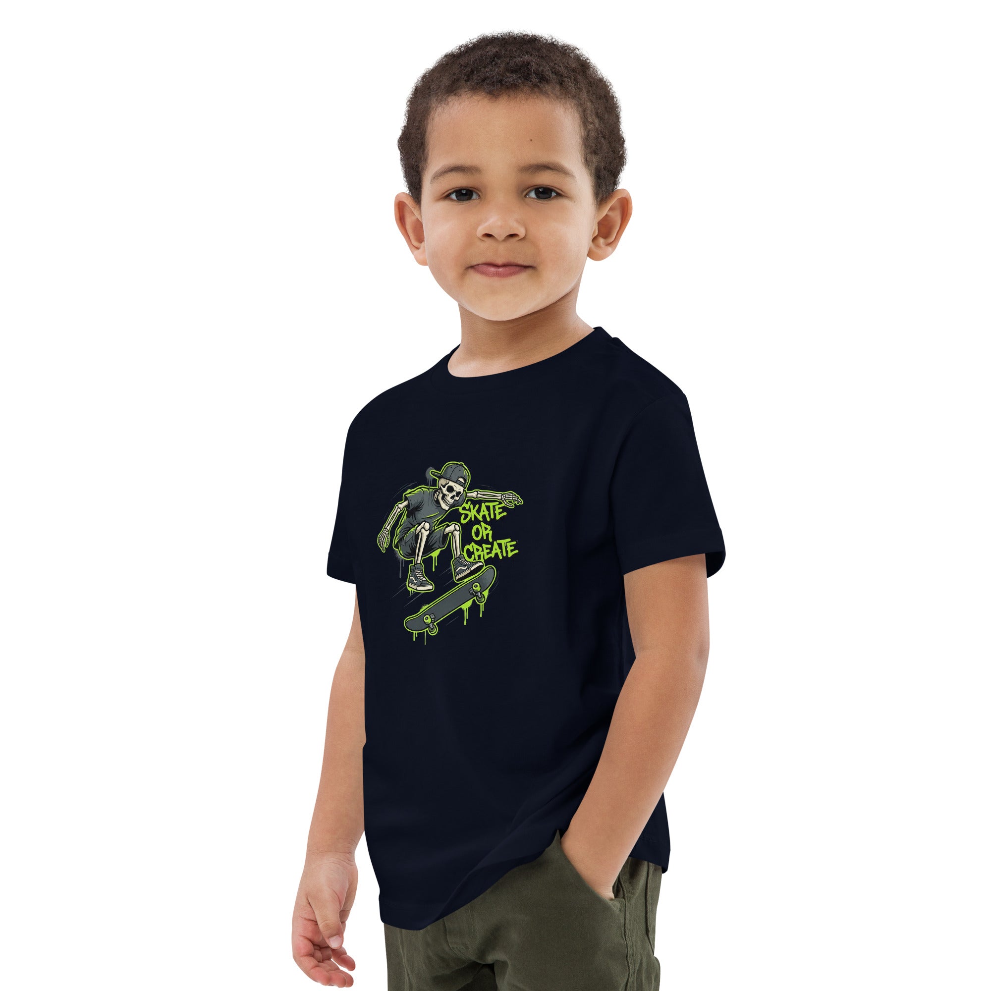 Trendy Coocosh kids t-shirt featuring a skeleton and graffiti art in vibrant green, made of soft organic cotton. Ideal for skateboarding fun.