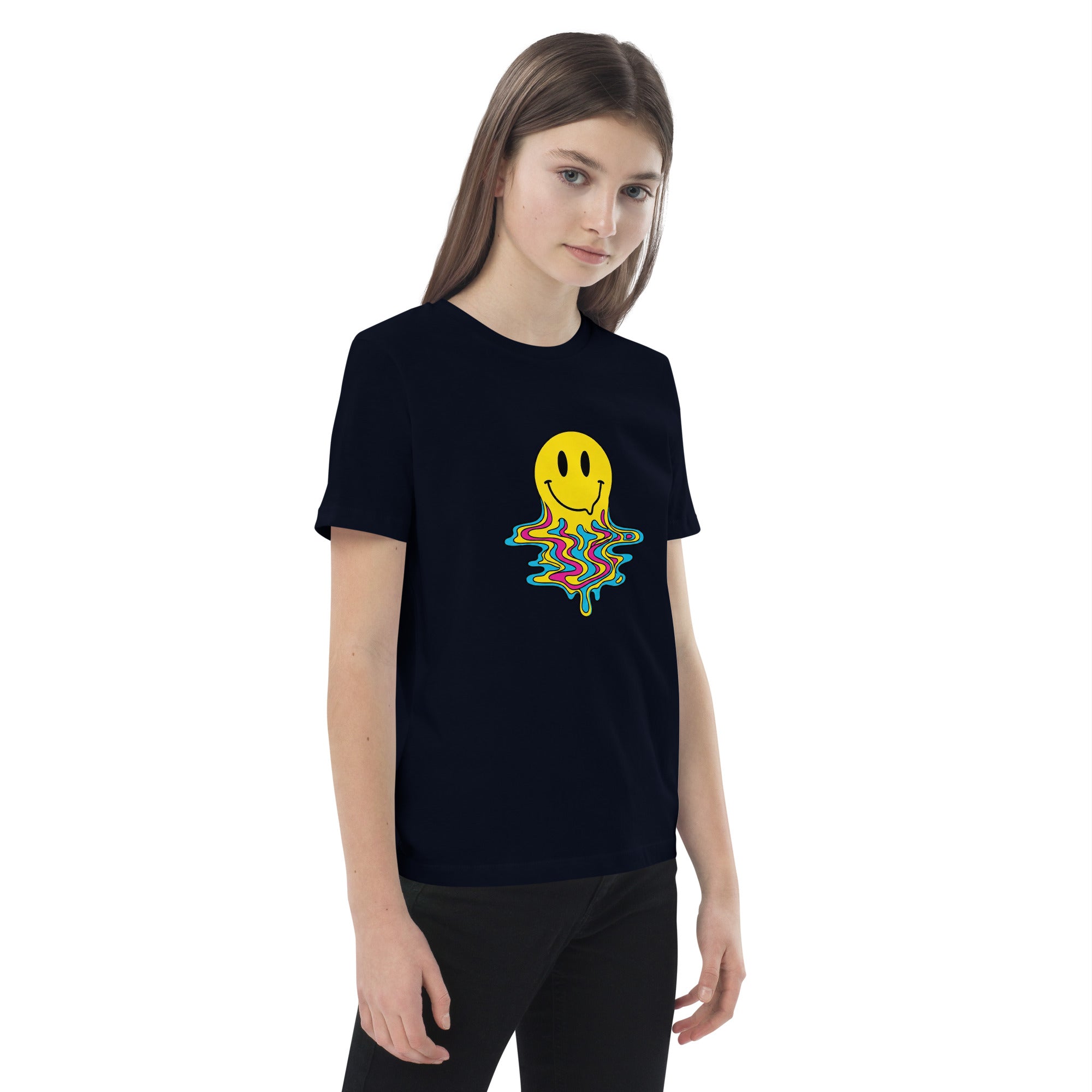 Coocosh presents an organic cotton kids t-shirt that appeals with its trippy melting smiley face design, in a striking blue color, suitable for fun family outings.