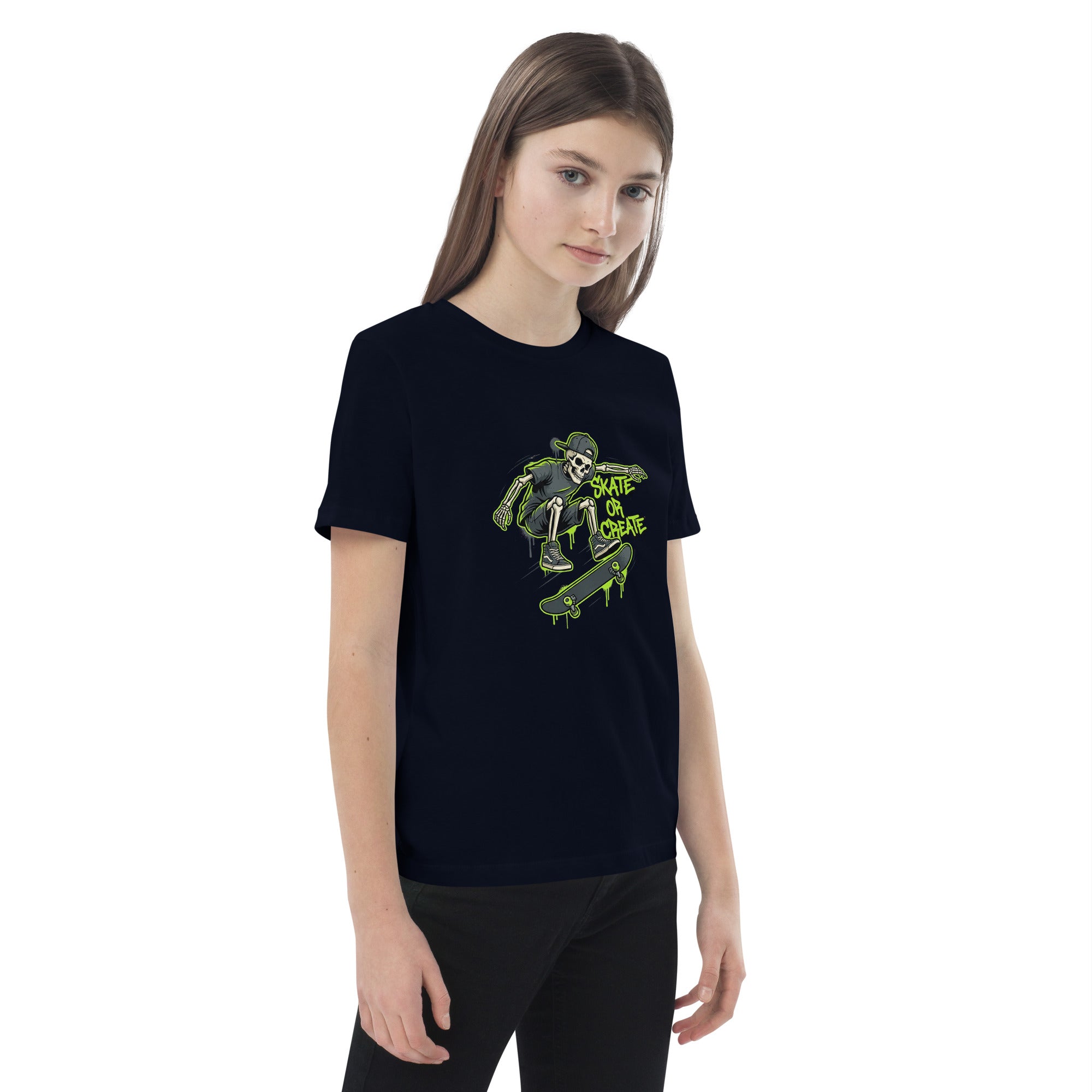 Coocosh green organic cotton kids t-shirt with a playful skeleton design. Perfectly suited for skateboarding and outdoor adventures.