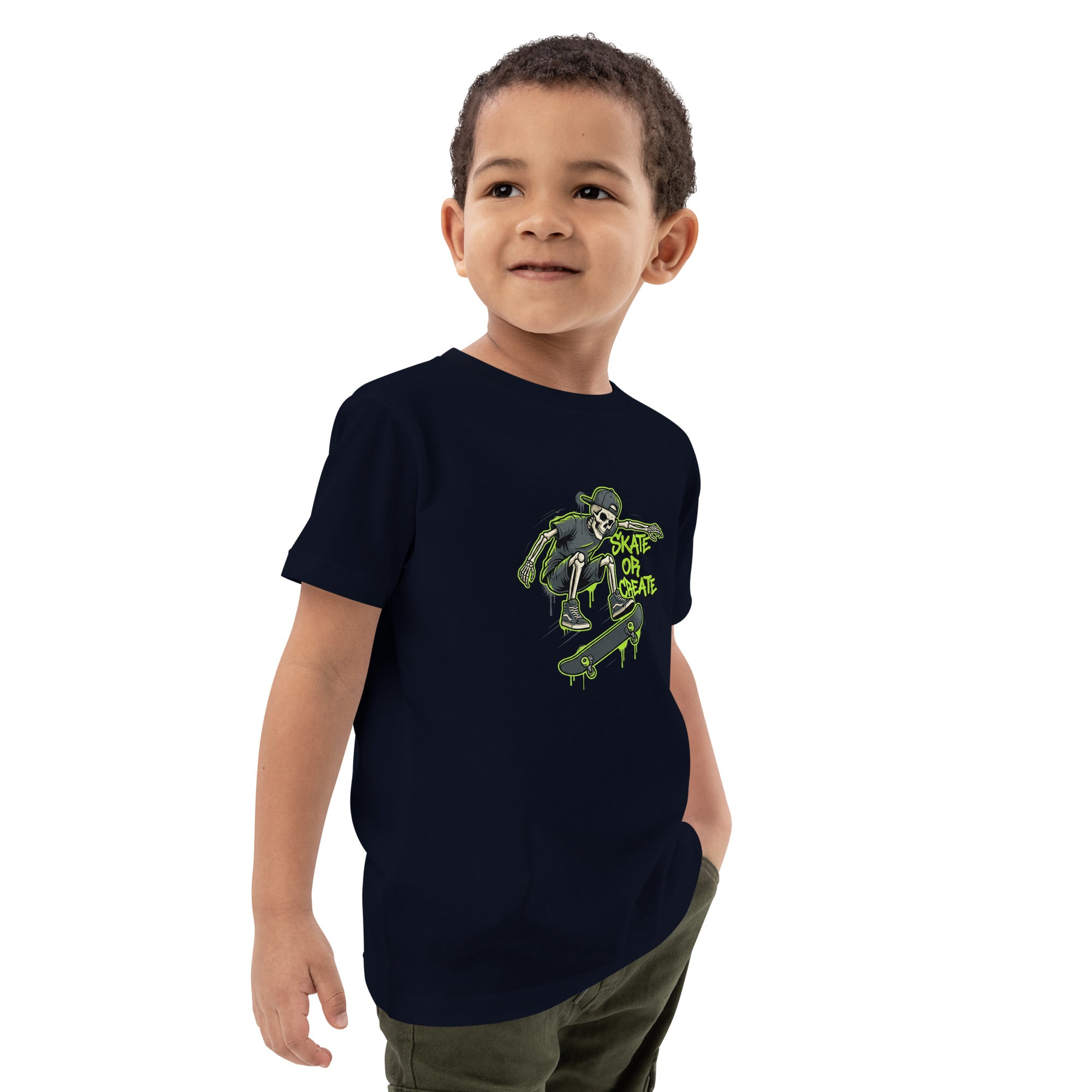 Coocosh kids t-shirt in green featuring a skeleton and skateboarding graphic, made of eco-friendly organic cotton. Perfect fit for young adventurers.