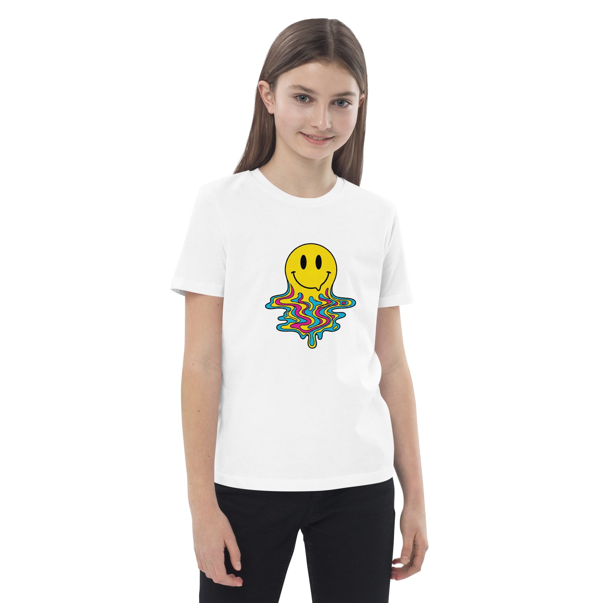 Coocosh's vibrant yellow kids t-shirt features a psychedelic smiley face print, made from high-quality organic cotton, ideal for casual school days.