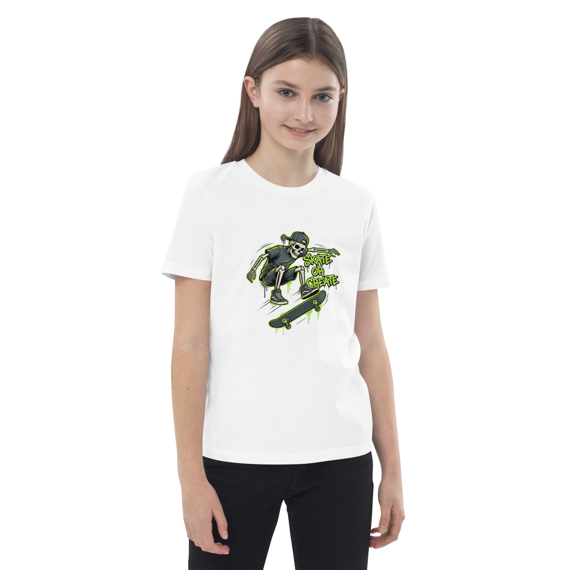 Charming Coocosh green kids t-shirt highlighting skeleton graffiti art, crafted from organic cotton. A stylish choice for young skateboarders.