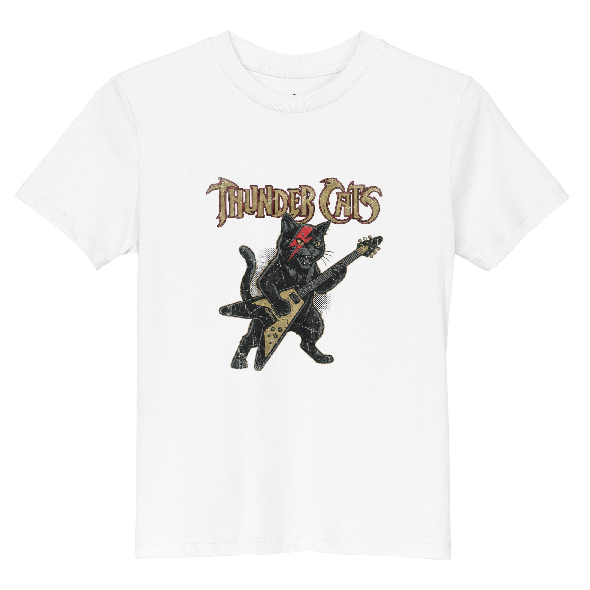 Coocosh kids t-shirt designed from organic cotton, displaying a vibrant electric guitar print, suitable for music-loving kids.