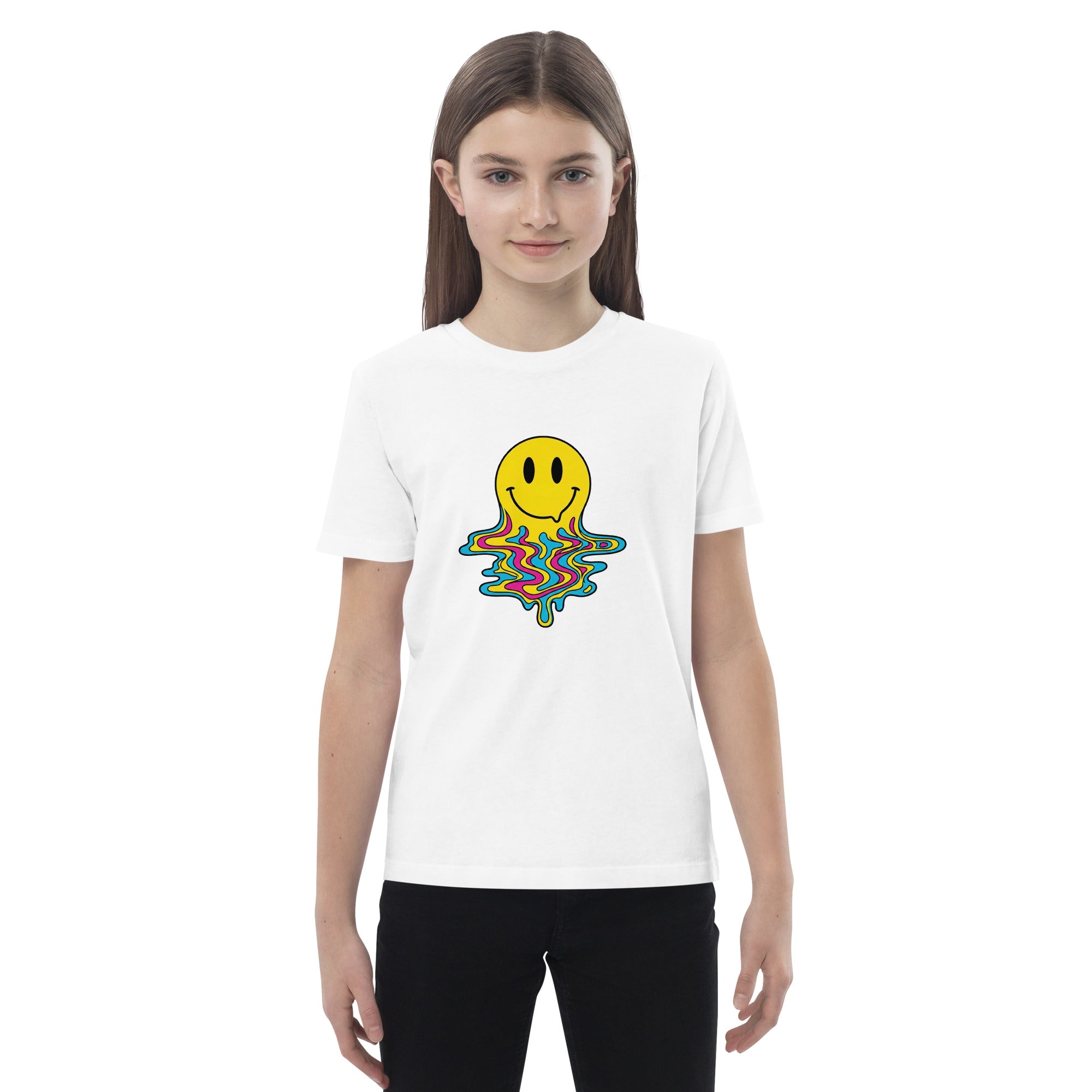 The Coocosh kids t-shirt in bright yellow showcases a whimsical melting smiley face design made from organic cotton, perfect for cheerful play.