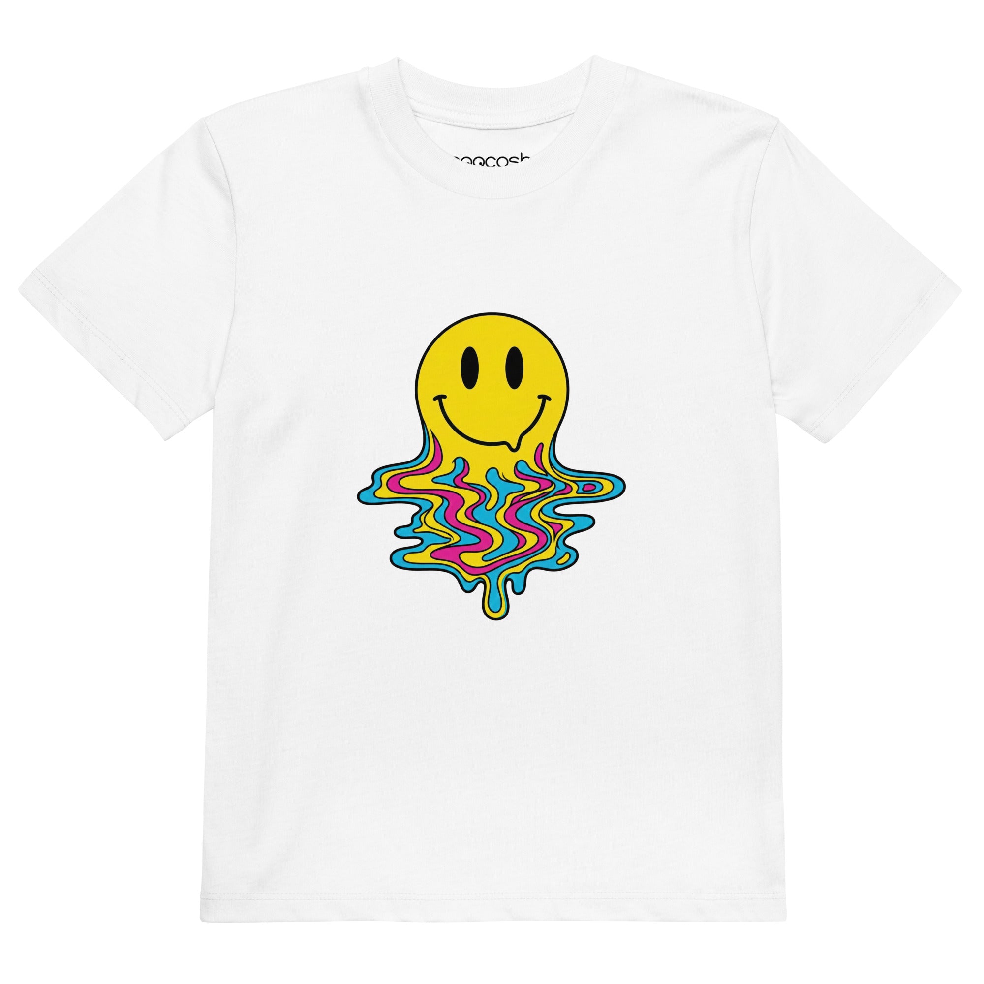 Coocosh kids t-shirt made from organic cotton, featuring a melting smiley face design, in a vibrant yellow shade, perfect for casual outings.