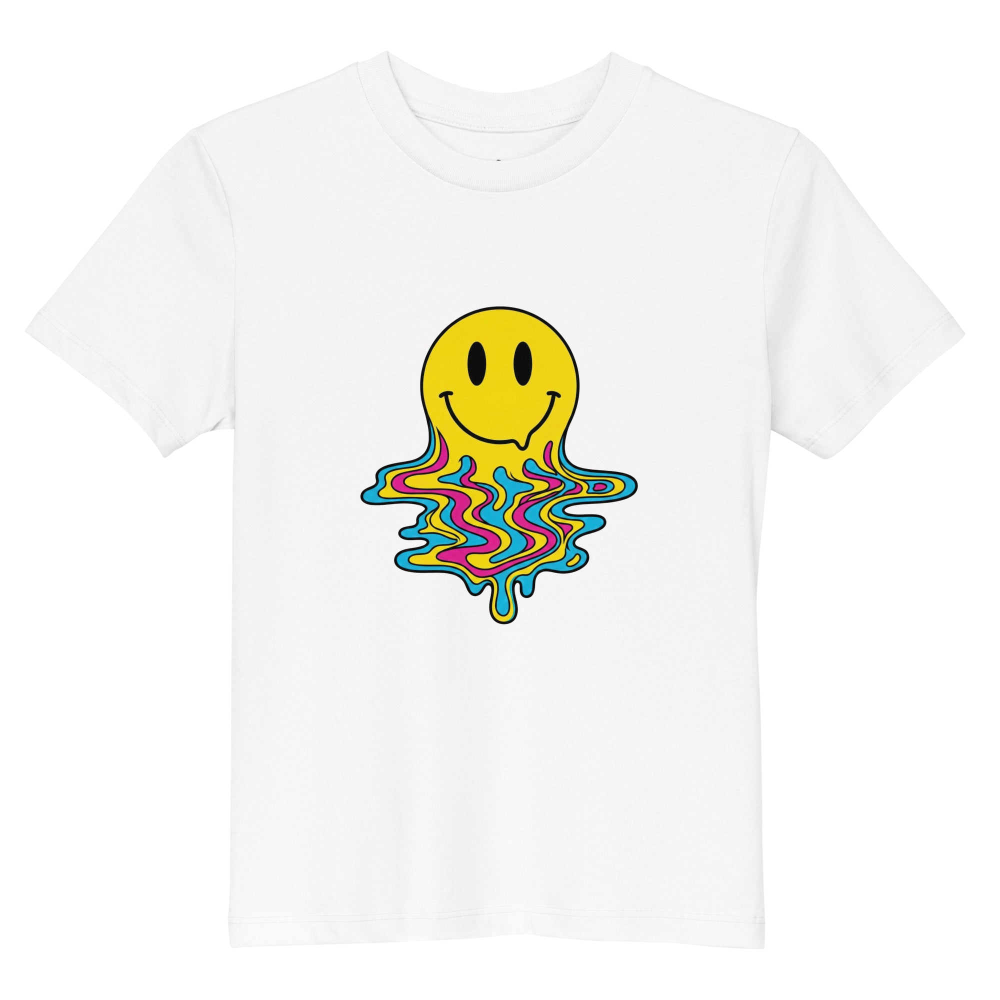 Coocosh presents an organic cotton t-shirt for kids in yellow, showcasing an eye-catching melting smiley face, perfect for playful creativity.