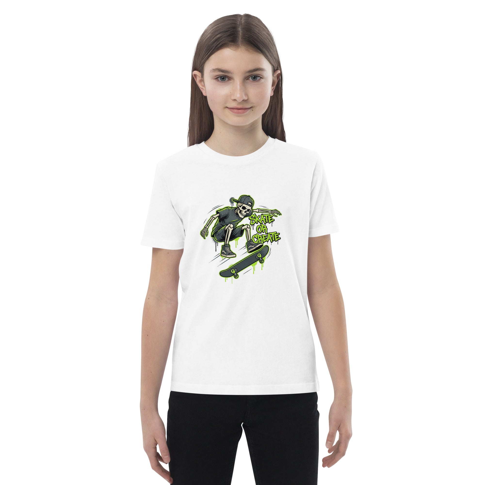 Dynamic Coocosh kids t-shirt in green with a unique skeleton and graffiti design, crafted from organic cotton for adventurous spirits.