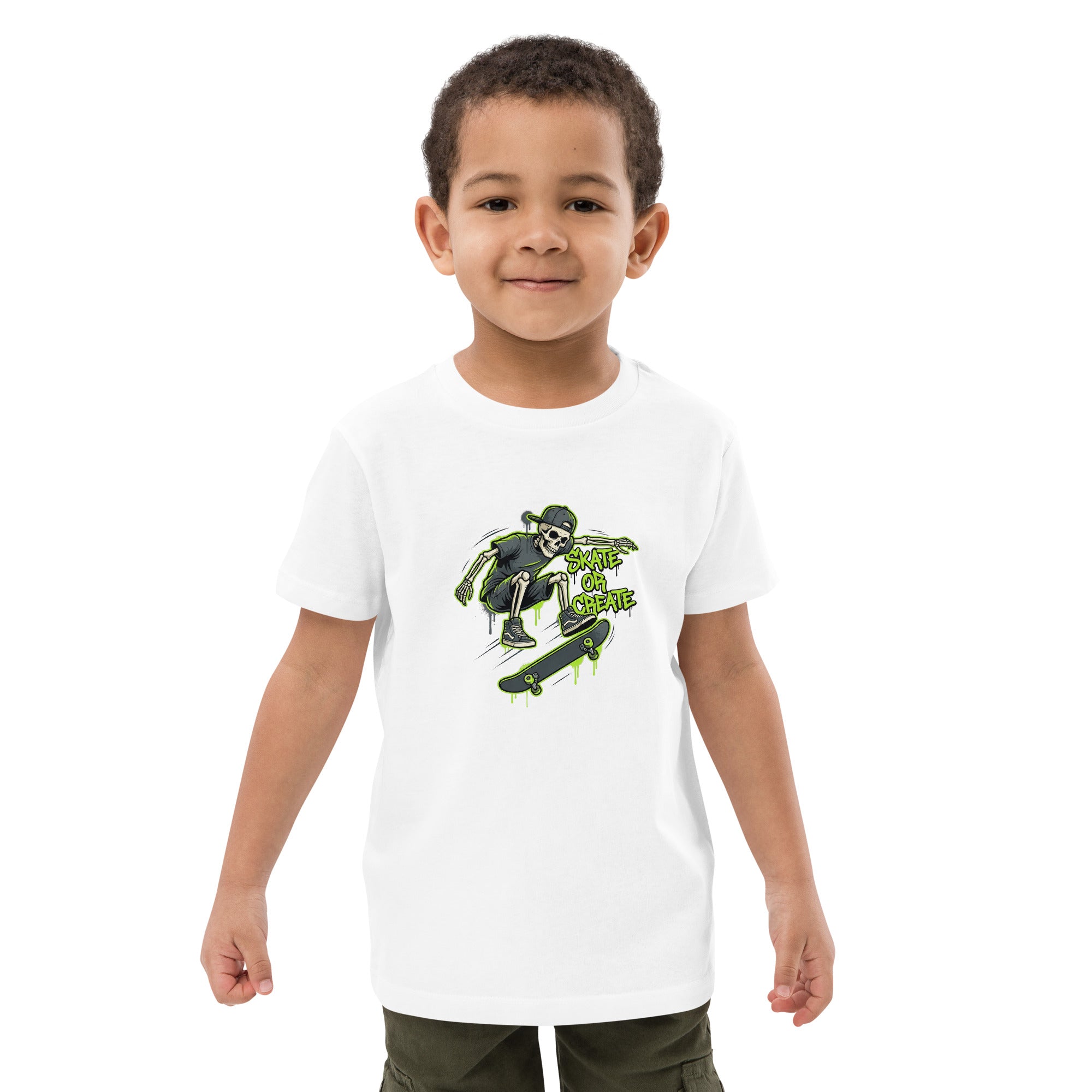 Skateboarding skeleton print on a Coocosh organic cotton kids t-shirt, in green. Great for casual outings and active play.