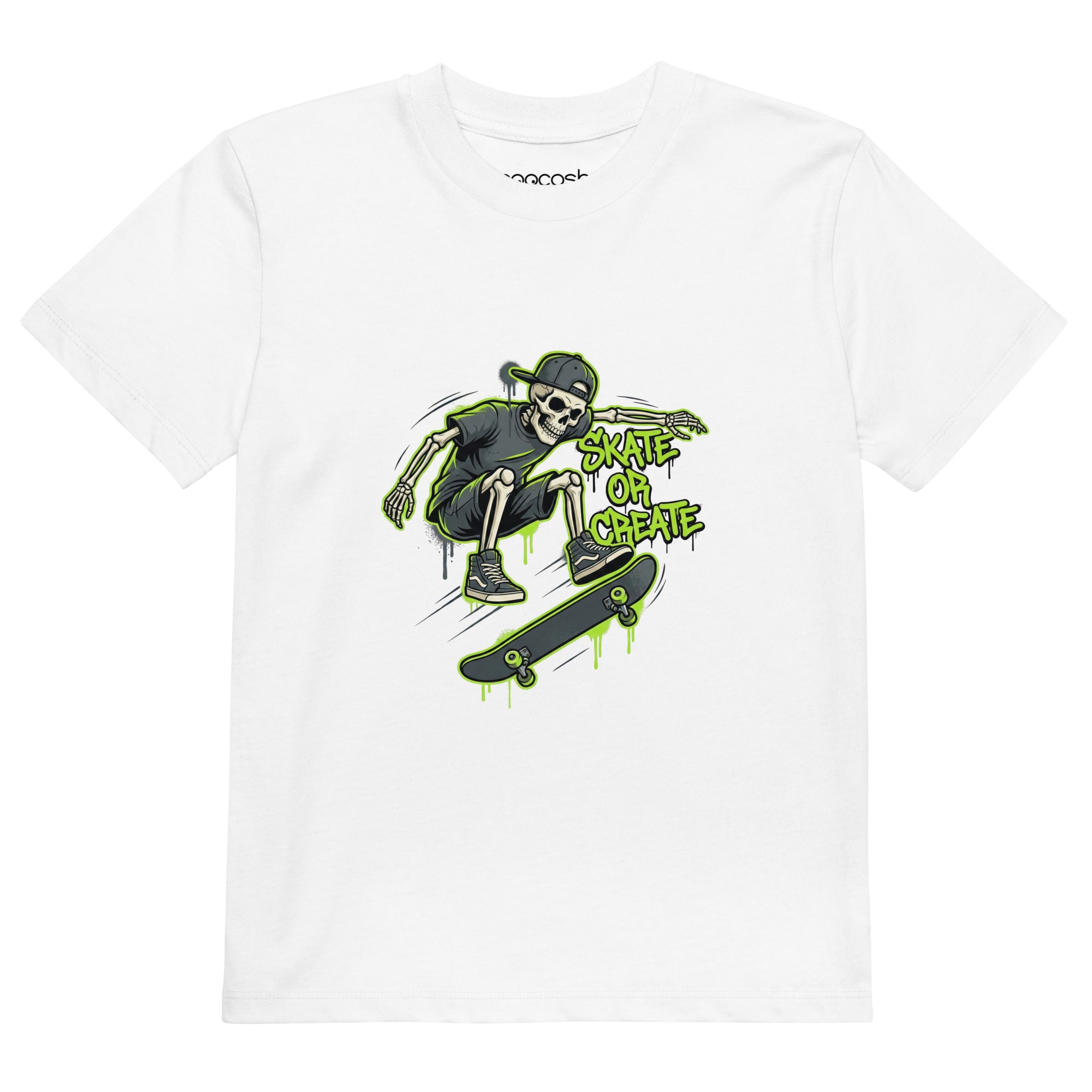 Lively Coocosh kids t-shirt in green with a graffiti skeleton theme, made from organic cotton. A fun option for skateboarding adventures.