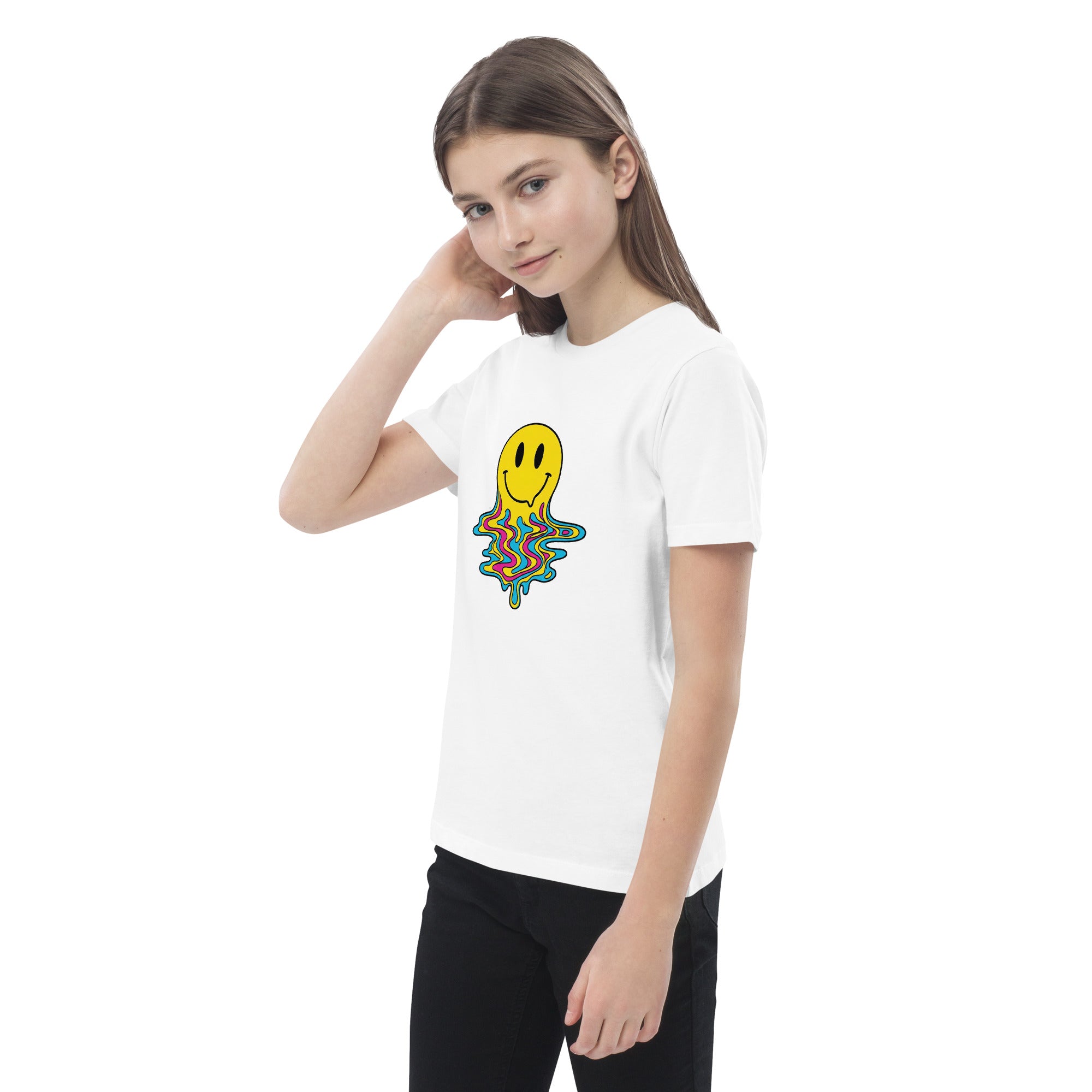 Explore Coocosh's yellow kids t-shirt with an intriguing melting smiley face, crafted from organic cotton, ideal for energetic playtime.