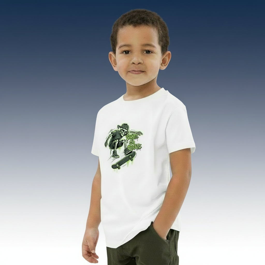 Stylish Coocosh organic cotton kids t-shirt in bright green showcasing a graffiti skeleton print. A fantastic choice for outdoor skateboard sessions.