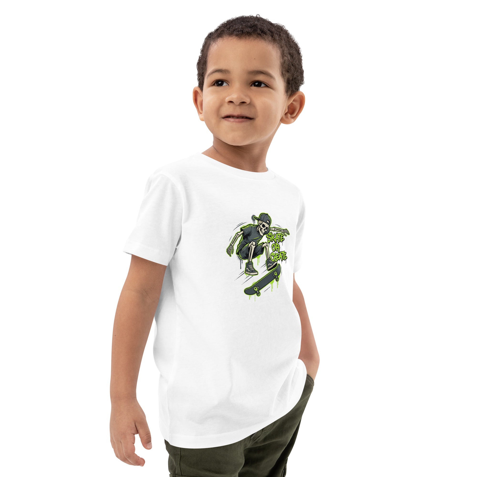 Cool Coocosh organic cotton kids t-shirt in green with skeleton graffiti print. Perfect for skateboarding and everyday wear.