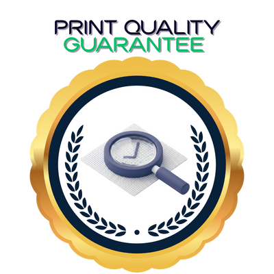 Print quality guarantee badge with magnifying glass icon on a white background