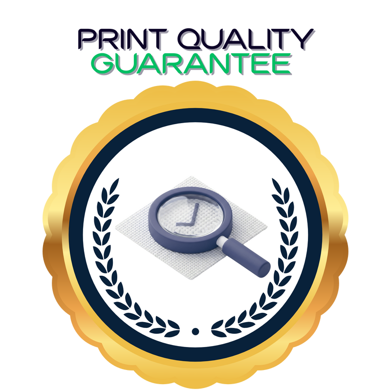 Print quality guarantee badge with magnifying glass icon on a white background