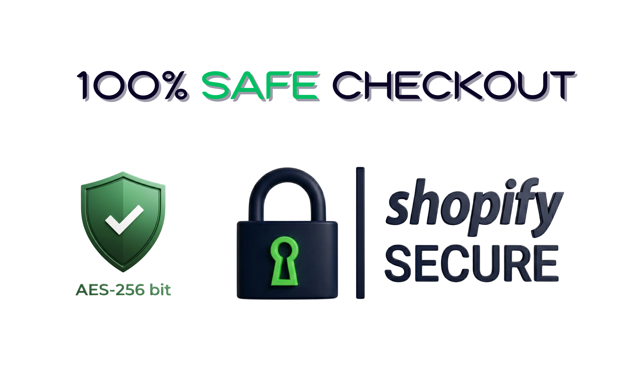Shopify secure checkout graphic with lock icon and AES-256 bit text on a white background