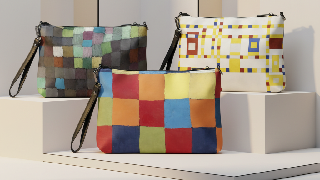 Three colorful patchwork handbags on a neutral background
