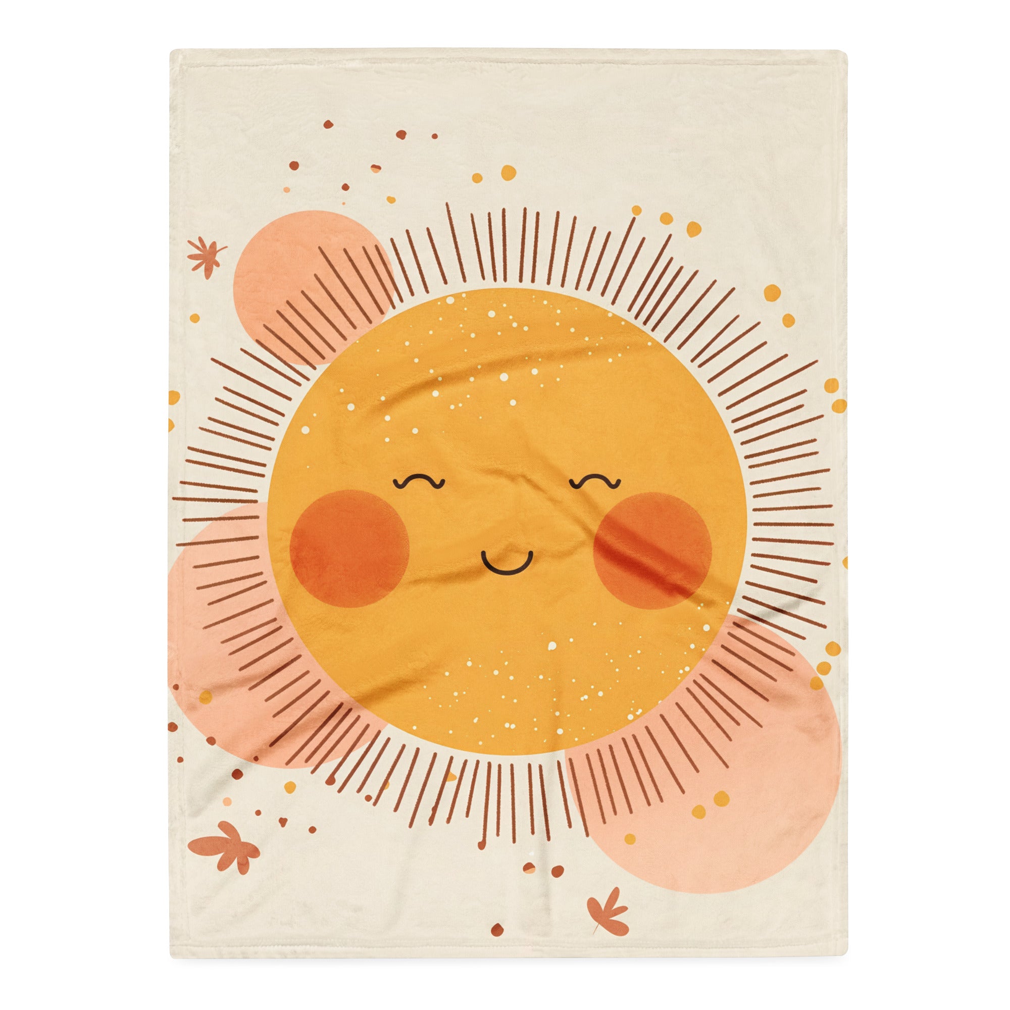 Coocosh Sunny Smilescape Kids Throw Blanket features a cheerful cartoon sun with rosy cheeks, surrounded by pastel circles. Crafted from soft, durable 100% polyester, it's a cozy, hypoallergenic, and machine-washable addition to elevate your child's happy space.
