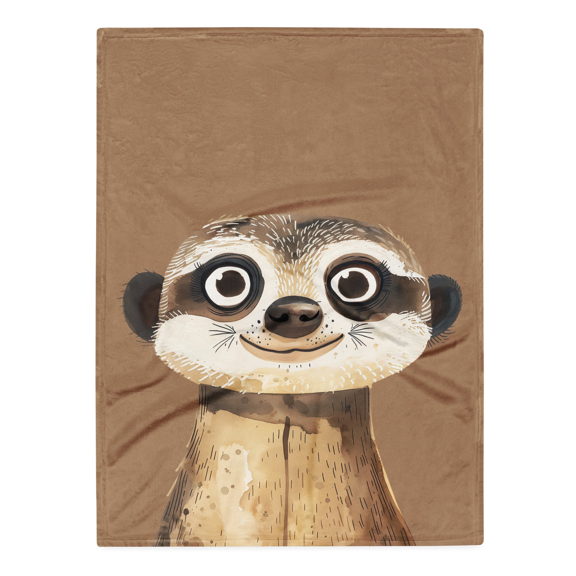 Coocosh Meerkat Kids Throw Blanket, featuring a charming cartoon meerkat illustration with large, expressive eyes. This hypoallergenic, soft silk touch blanket offers cozy comfort and vibrant decor, perfect for adding whimsy to playtime or bedtime.