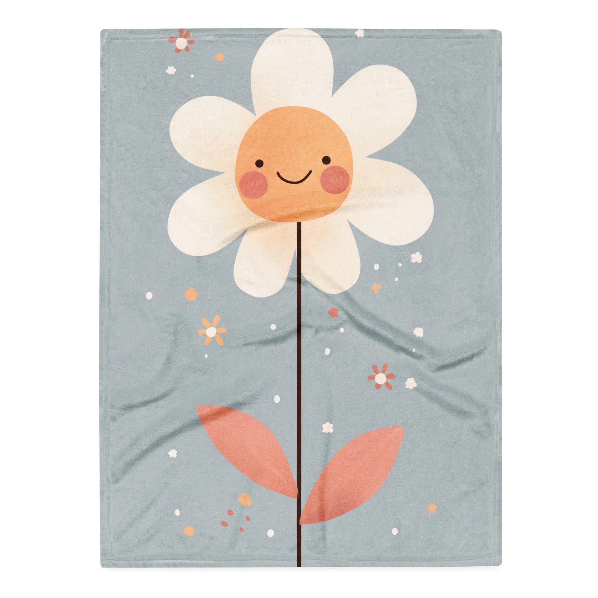 Coocosh Cheerful Blossom throw blanket featuring a delightful flower illustration with a smiling face. This soft silk-touch blanket elevates cozy kids' decor while being lightweight, hypoallergenic, and machine washable for playful comfort.