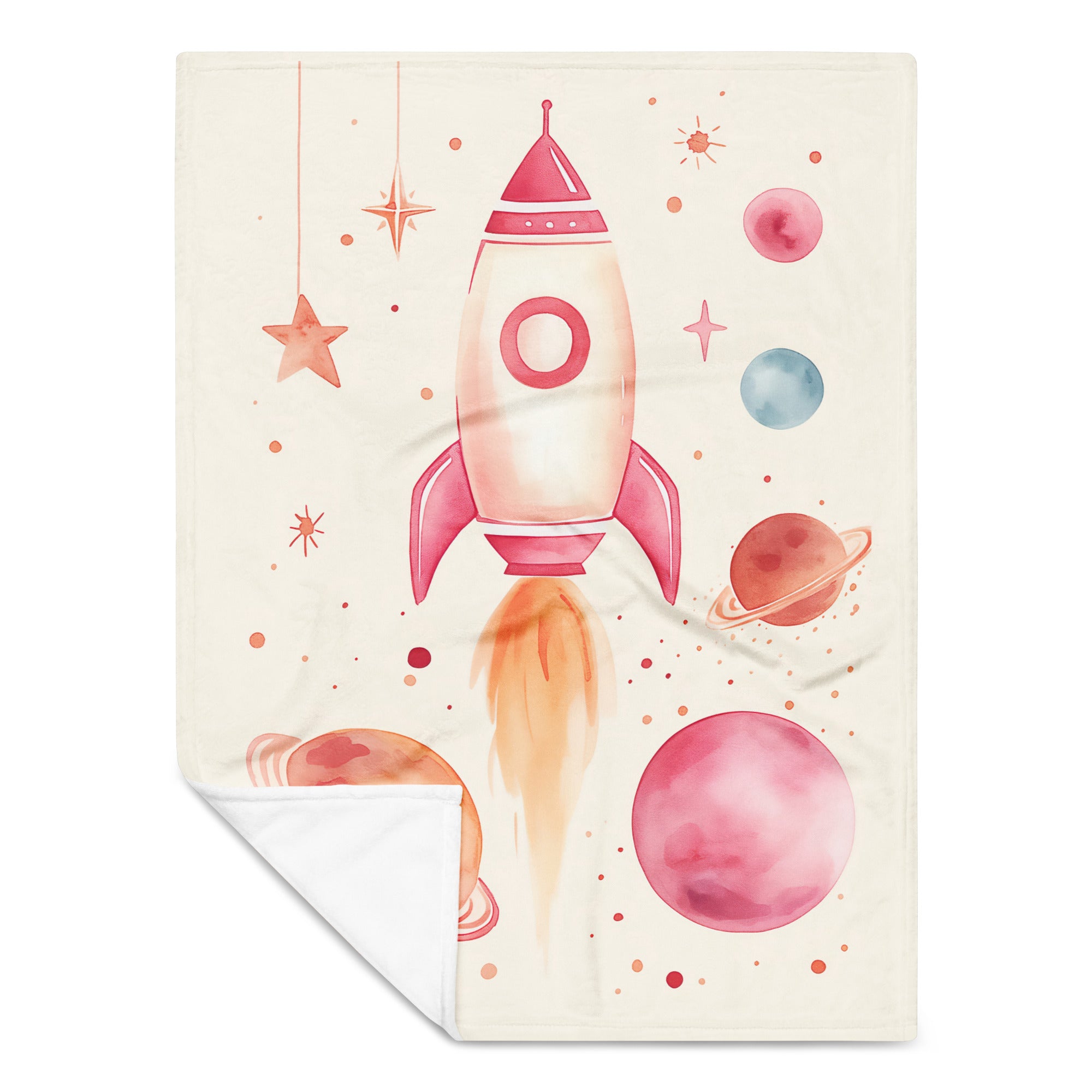 Coocosh Galactic Dream Voyager throw blanket features a whimsical pink rocket soaring through a vibrant celestial scene. Crafted from 100% soft polyester, this cozy and flame-retardant accessory adds imaginative flair to any child’s space, making every nap a dreamy adventure.