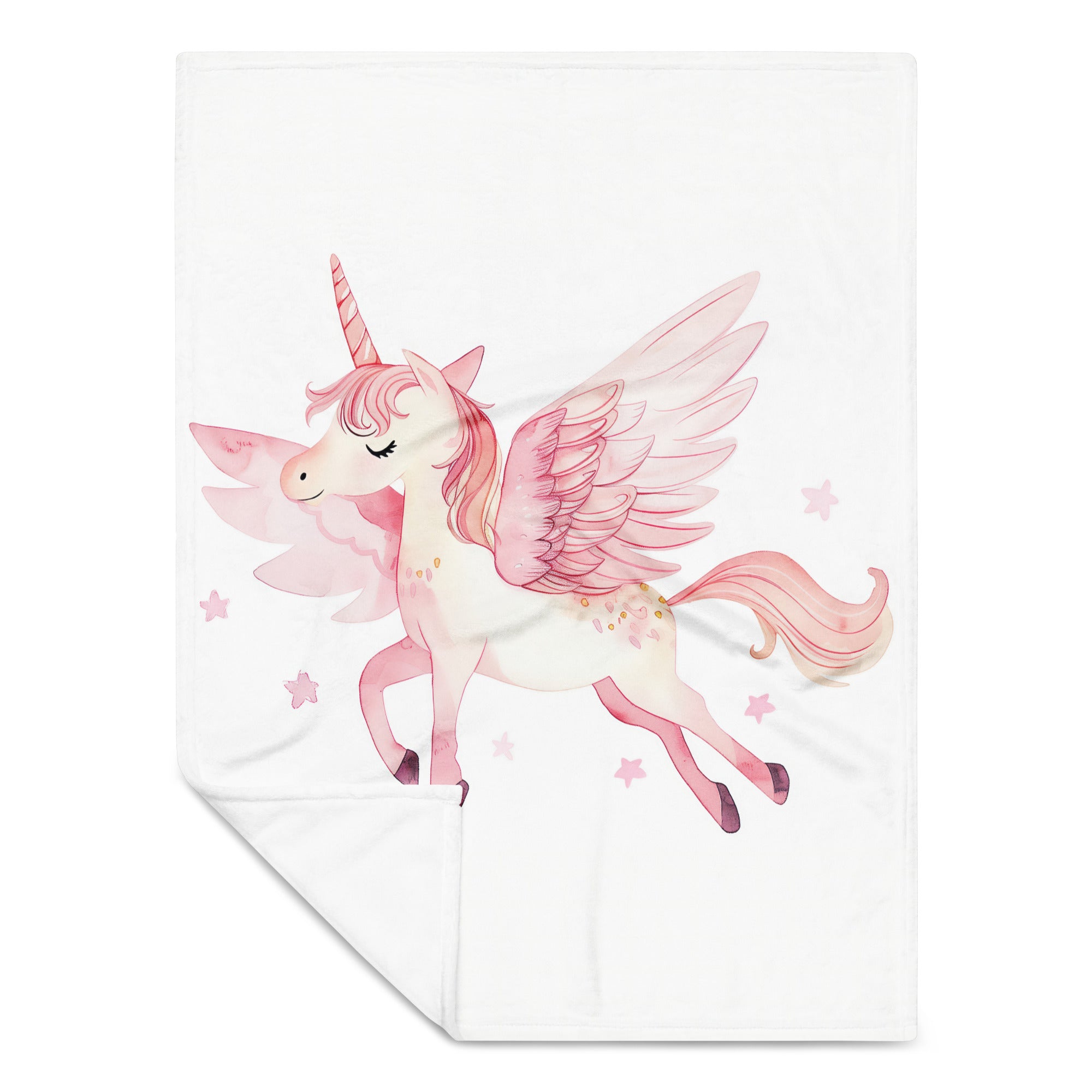 Coocosh Whimsical Sky Dancer Winged Unicorn Kids Throw Blanket, featuring a dreamy pink illustration that sparks imagination, made from soft silk-touch fabric for cozy cuddles, flame-retardant, hypoallergenic, and machine washable for effortless care.