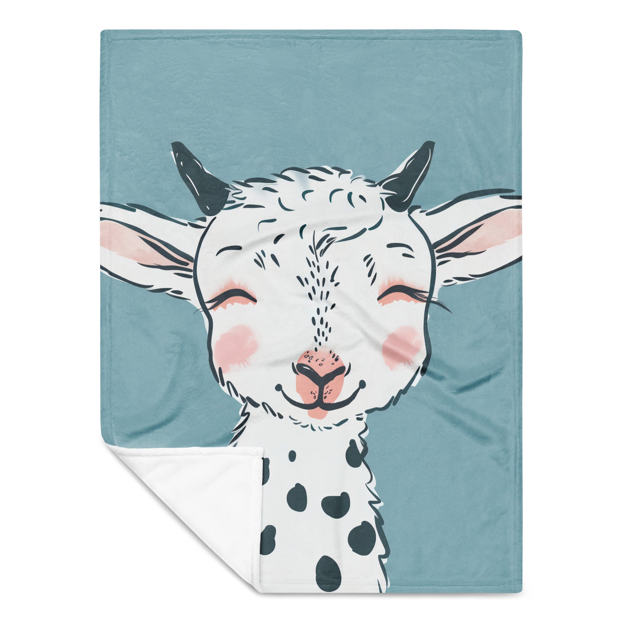 Coocosh Polka Dot Joy throw blanket featuring a joyful smiling goat illustration against a serene blue backdrop. Crafted from soft silk-touch polyester, it's perfect for cozy evenings, adding a whimsical charm to your home decor while ensuring hypoallergenic comfort.