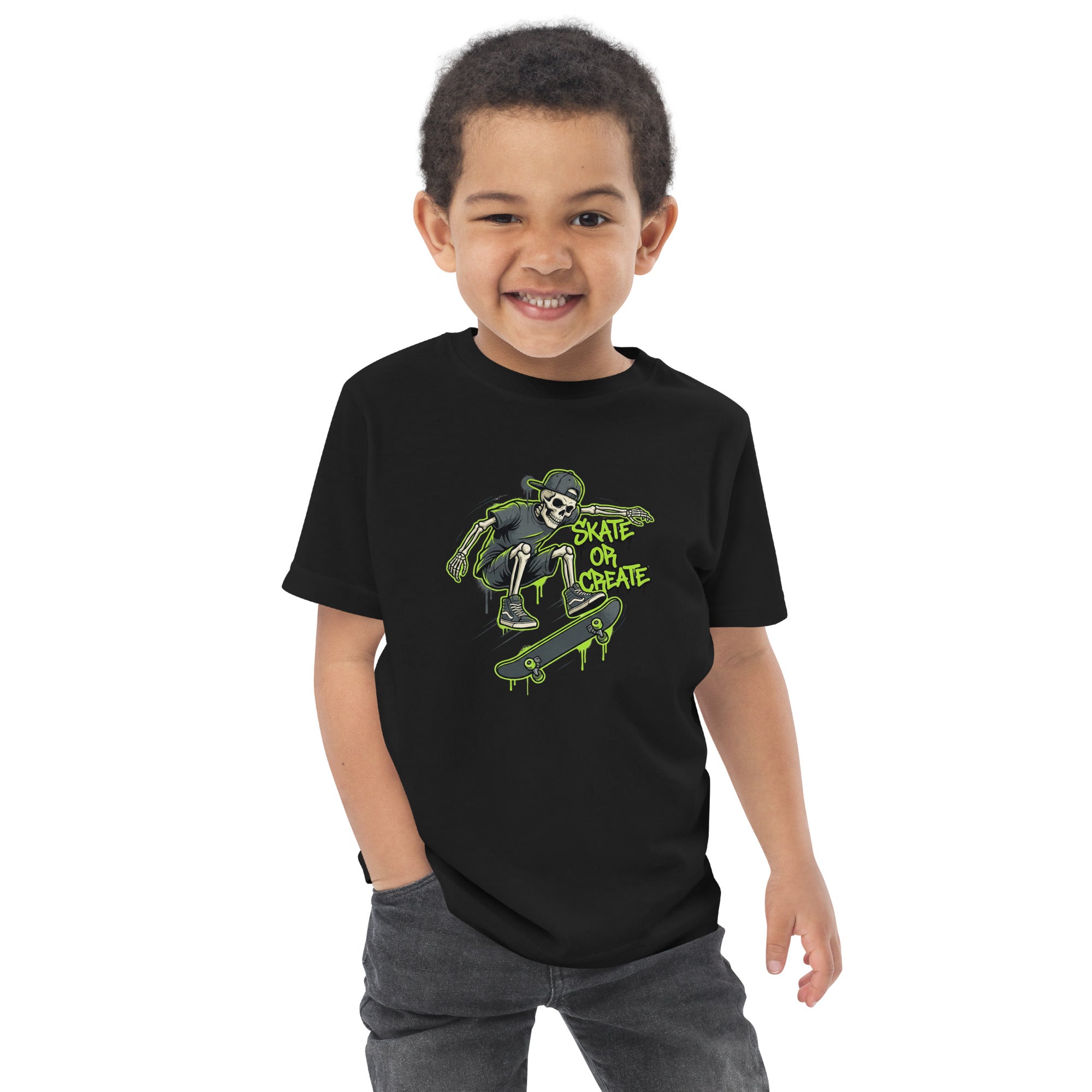 Coocosh neon green toddler tee displaying a playful skeleton on a skateboard, offering both comfort and style for active kids.