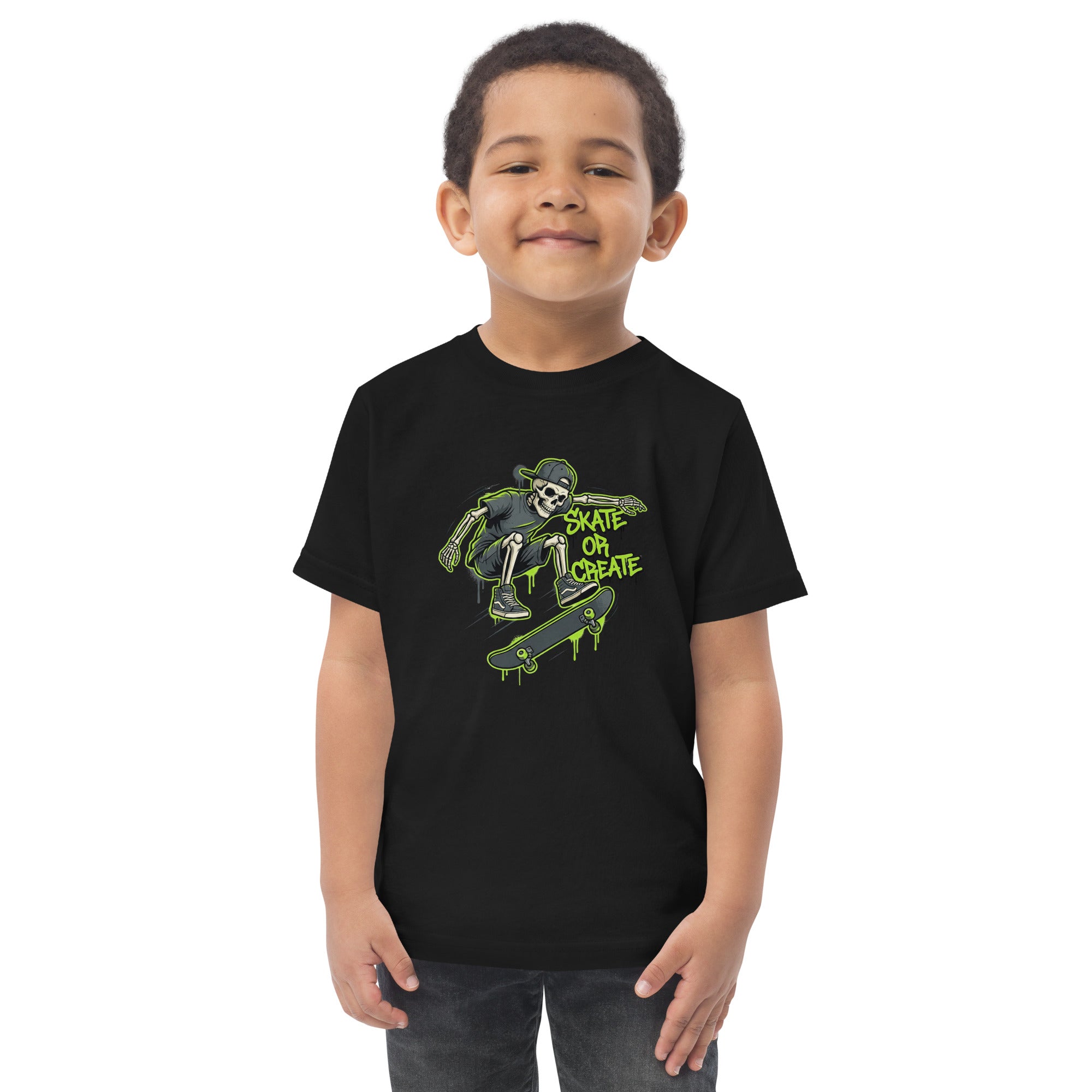 Coocosh T-shirt featuring a skateboarding skeleton graphic in black, ideal for kids who love skateboarding and creative designs. This comfortable tee showcases urban style and fun. A modern and edgy look. Perfect for everyday wear.