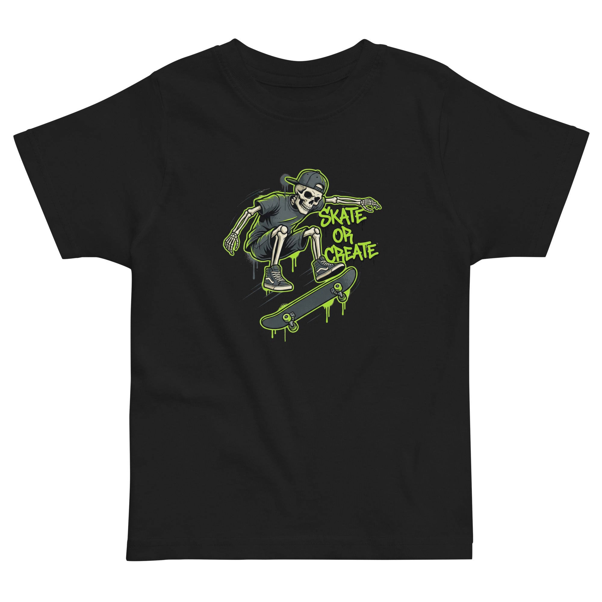 Coocosh toddler t-shirt featuring a neon green skeleton design, crafted from 100% cotton, perfect for everyday wear and skateboarding fun.