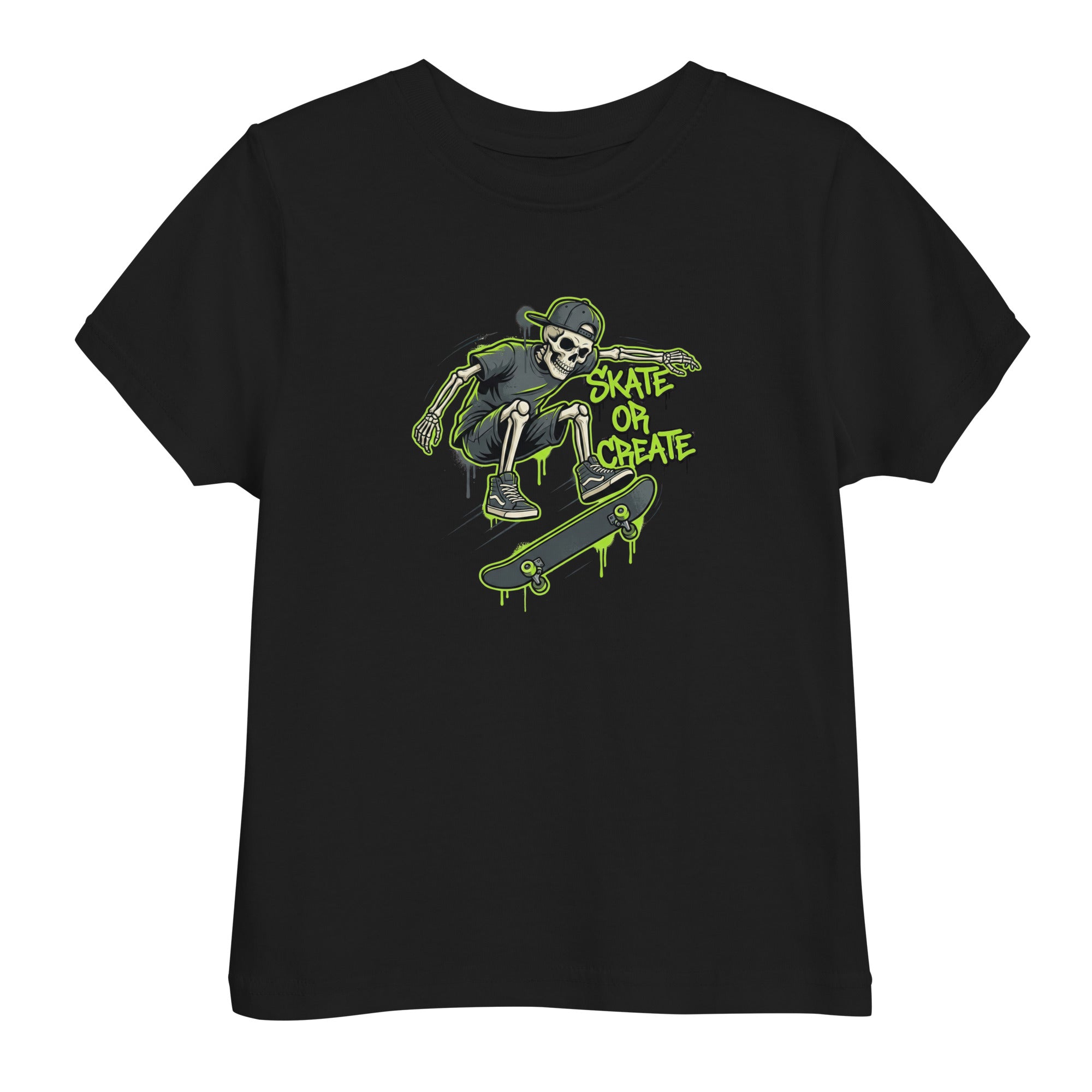 Coocosh vibrant neon green toddler tee showcasing a skeleton skateboarder, ideal for children who love fun styles and creative expressions.