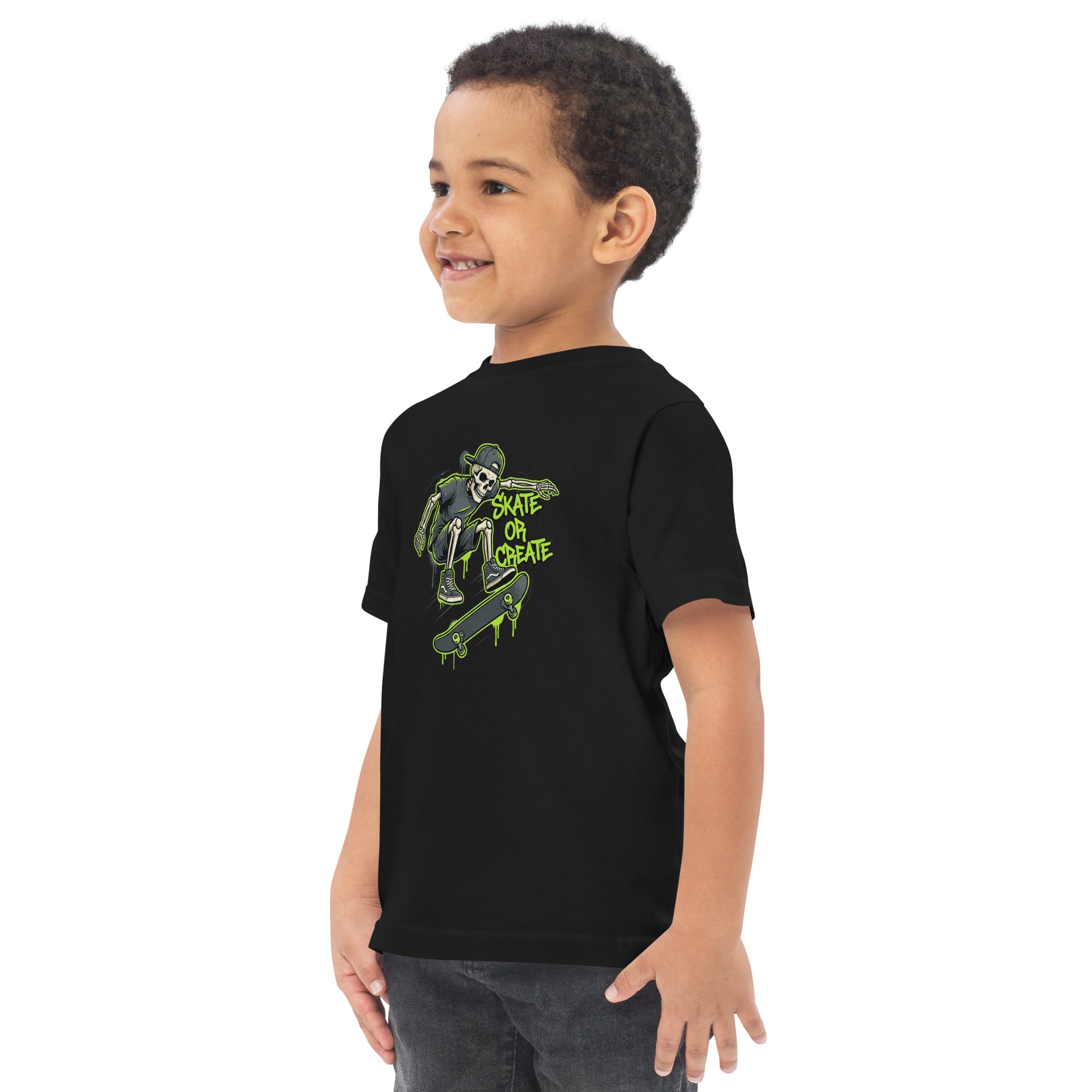 Coocosh neon green toddler tee adorned with a skeleton skateboard graphic, making it a must-have for active little ones who love style.