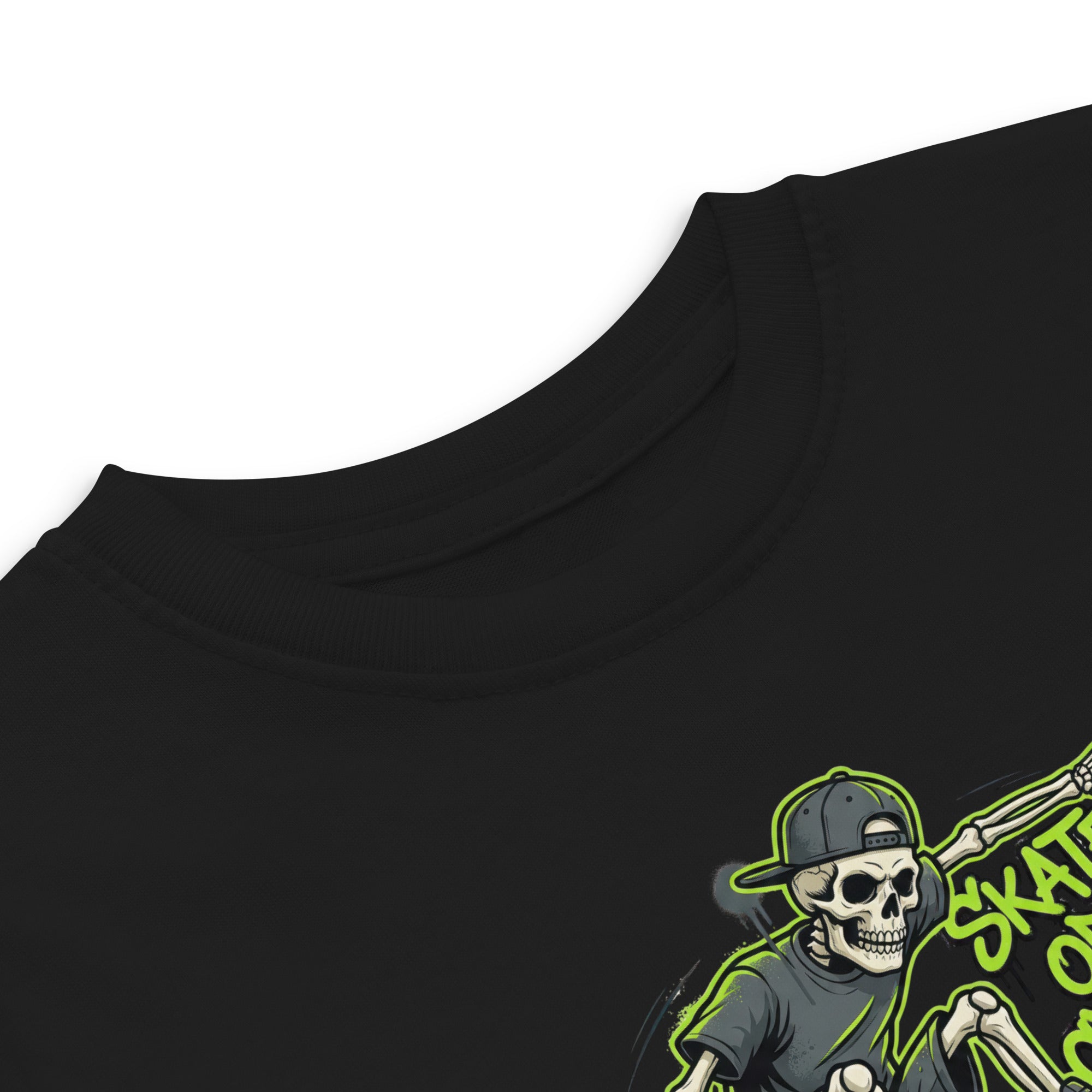 Coocosh toddler t-shirt in neon green, designed with a skeleton motif, perfect for kids enjoying skateboarding and imaginative play.
