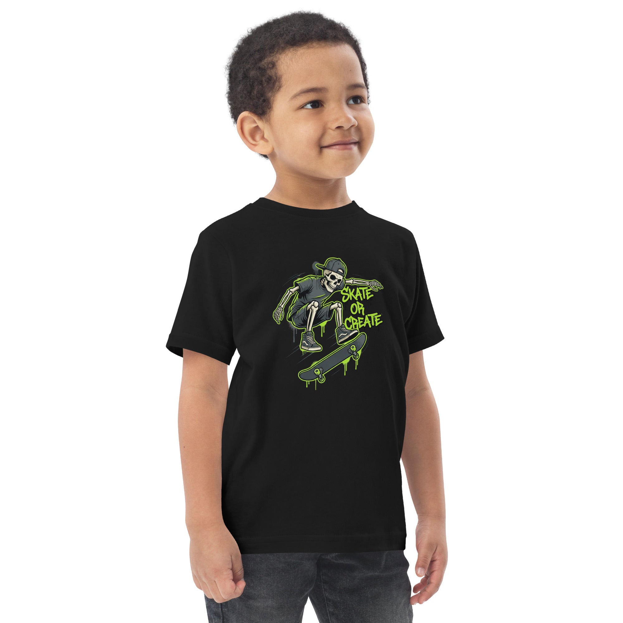 Coocosh toddler tee showcasing a fun skeleton skate design, made from cotton for children who love casual and playful style.