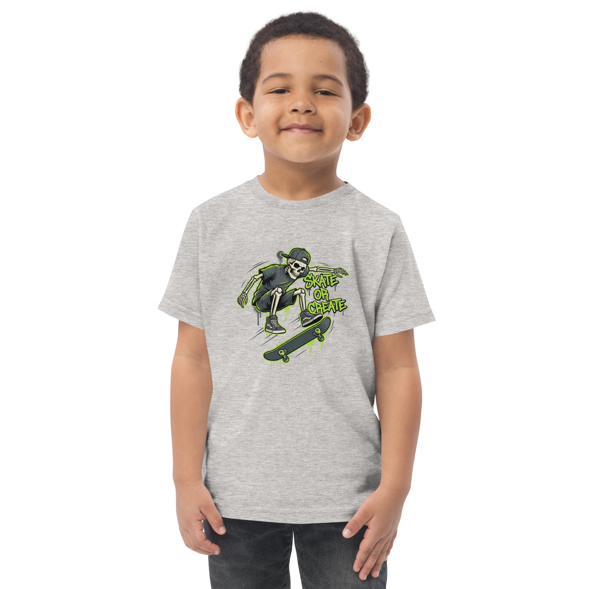 Coocosh toddler tee with a skeleton skate theme, made from soft cotton, perfect for kids who love to skate and express their creativity.