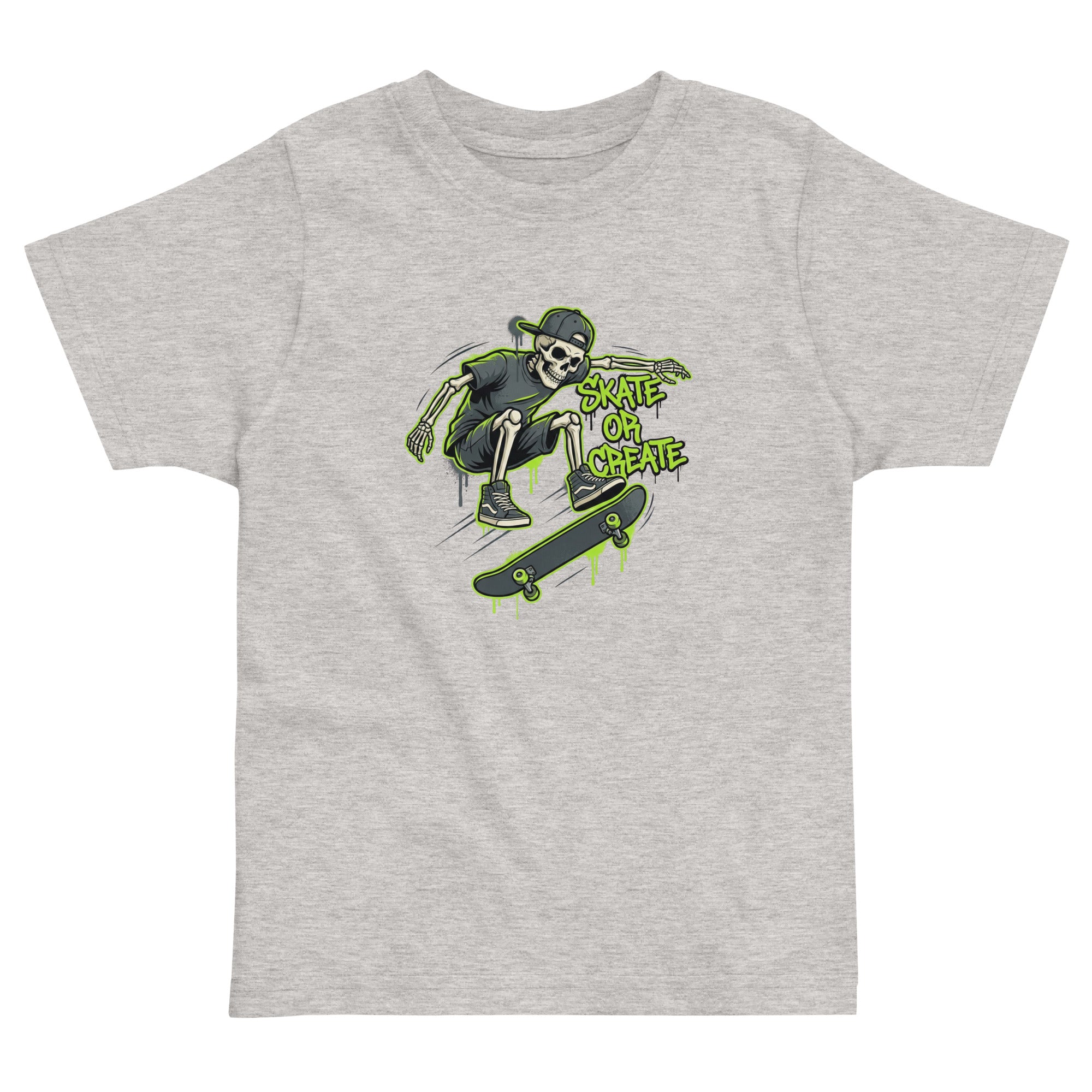 Coocosh neon green toddler t-shirt with a skeleton graphic, ideal for inspiring creativity and providing comfort for daily wear.