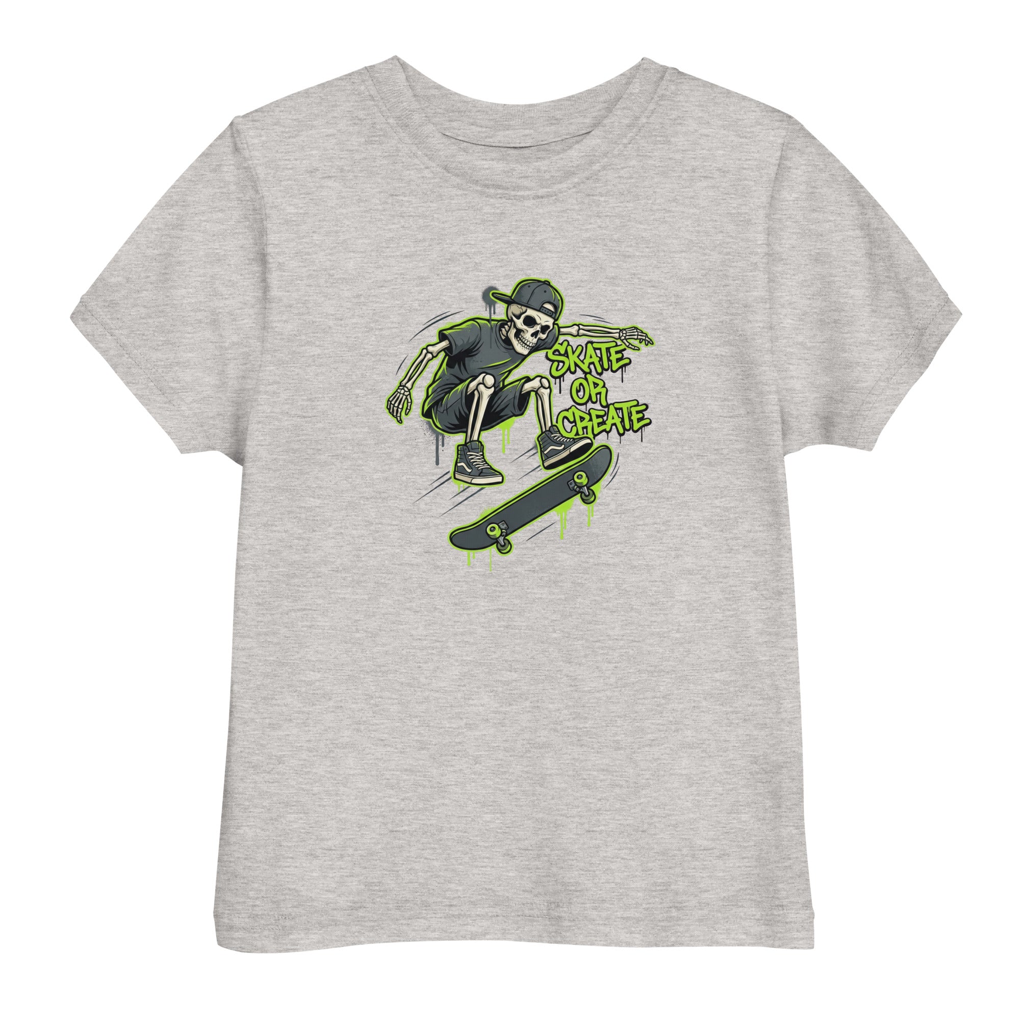 Gray t-shirt with a skeleton on a skateboard graphic and 'Skate or Create' text.