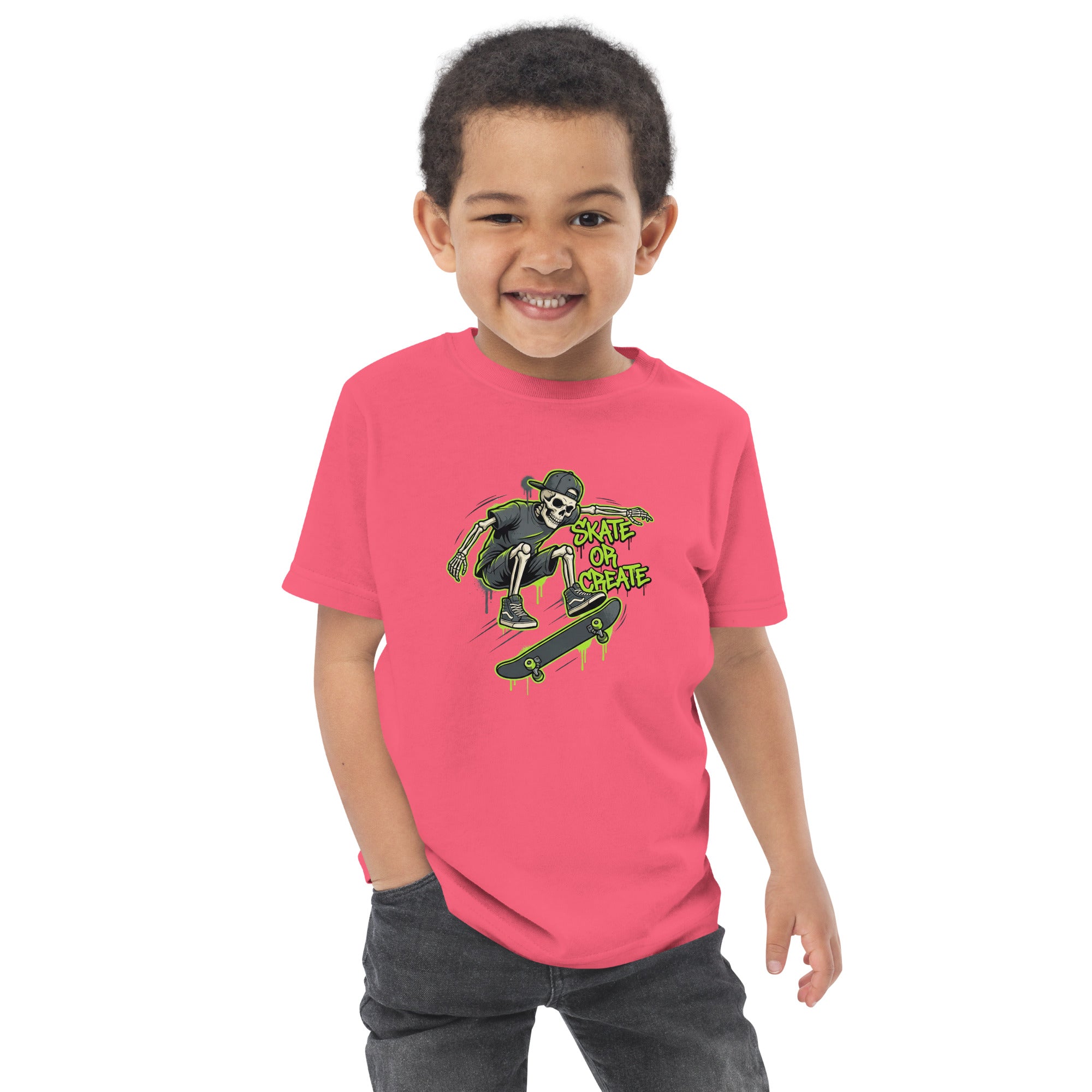 Coocosh vibrant toddler t-shirt featuring a playful skeleton and skateboard, ideal for adventurous children and casual outings.