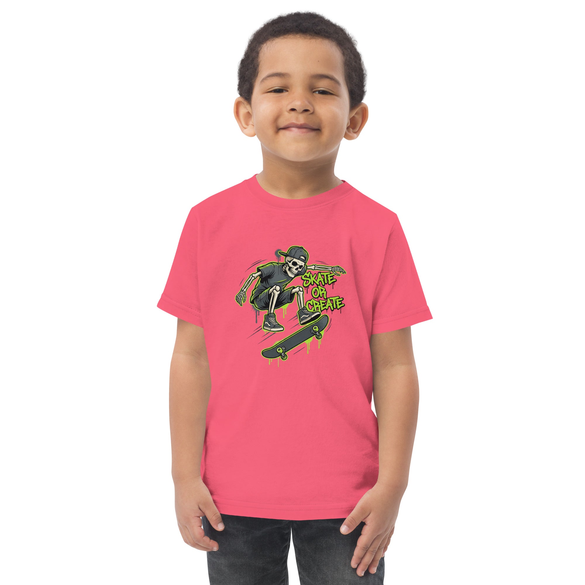 Coocosh neon green toddler t-shirt adorned with a playful skeleton graphic, making it a stylish choice for everyday adventures and skating.