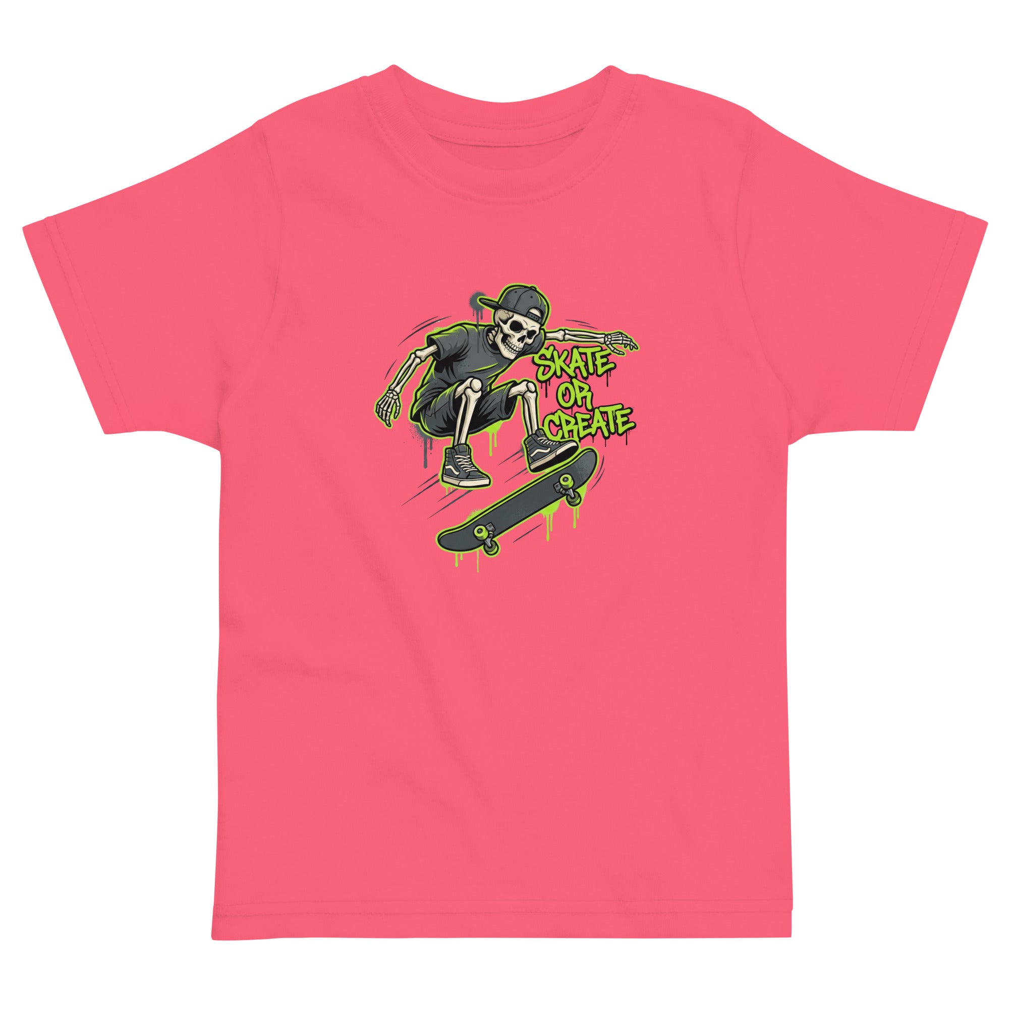 Coocosh playful toddler t-shirt featuring a neon green skeleton skateboarder, designed for those who enjoy active play and relaxed fashion.