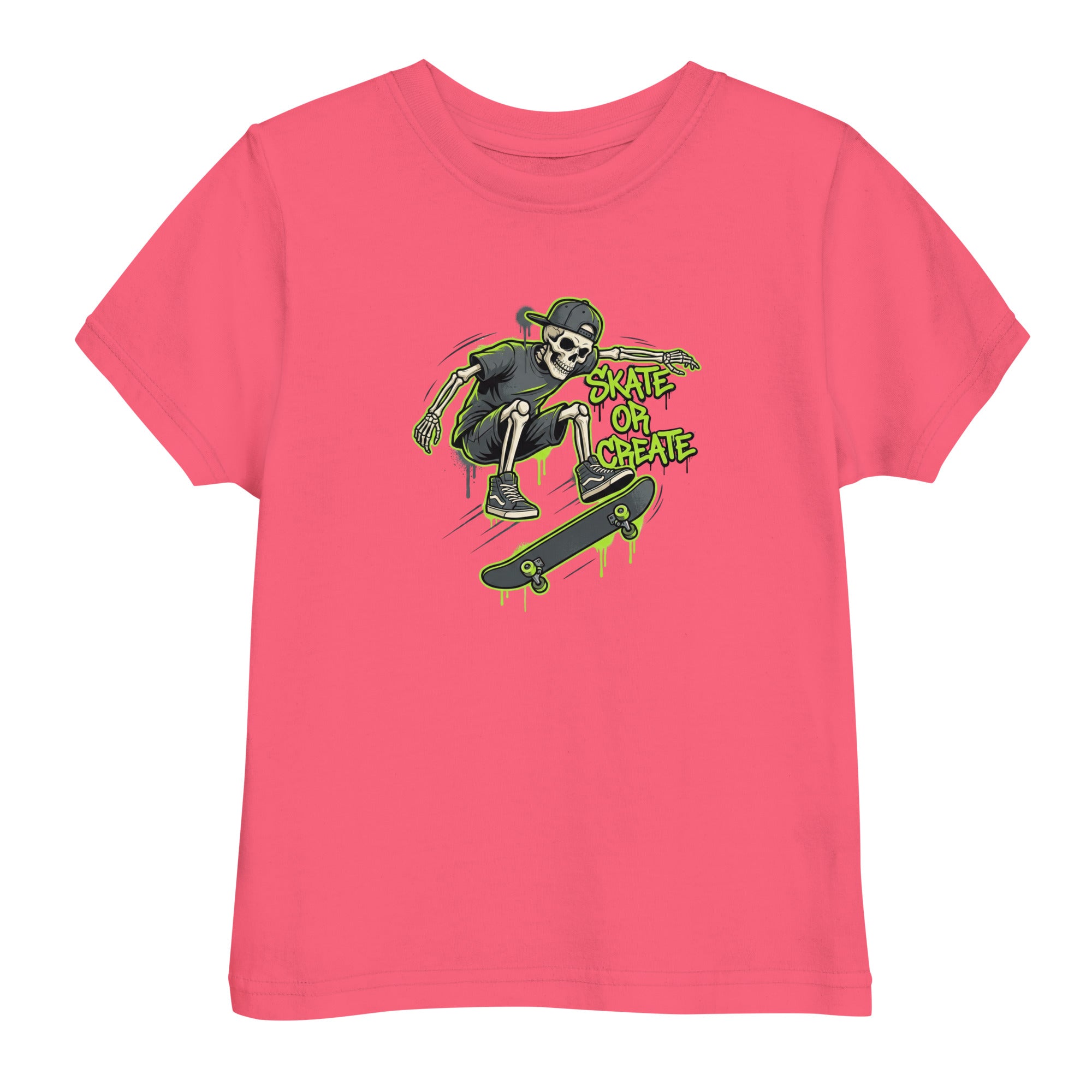 Pink t-shirt with a skeleton skateboarding graphic and text on a white background