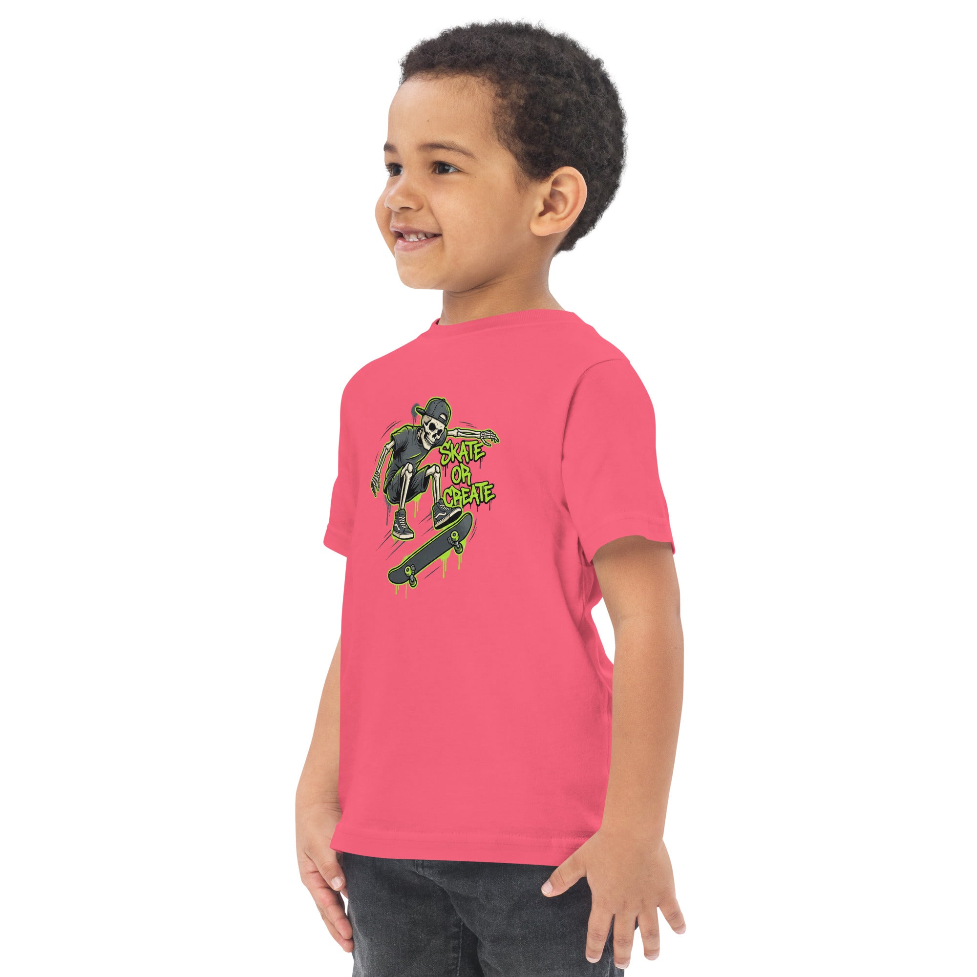Coocosh neon green toddler t-shirt, adorned with a fun skeleton and skateboard motif, ideal for everyday adventures and creative play.