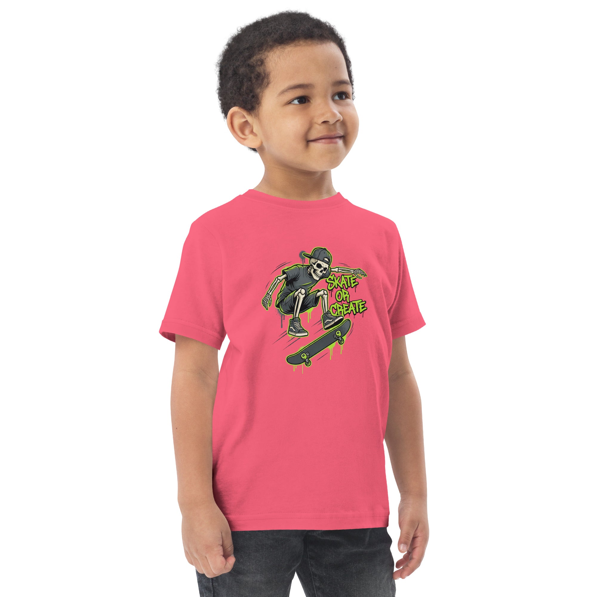 Coocosh 100% cotton toddler t-shirt, featuring a skeleton design in neon green, great for young skateboard enthusiasts and casual wear.