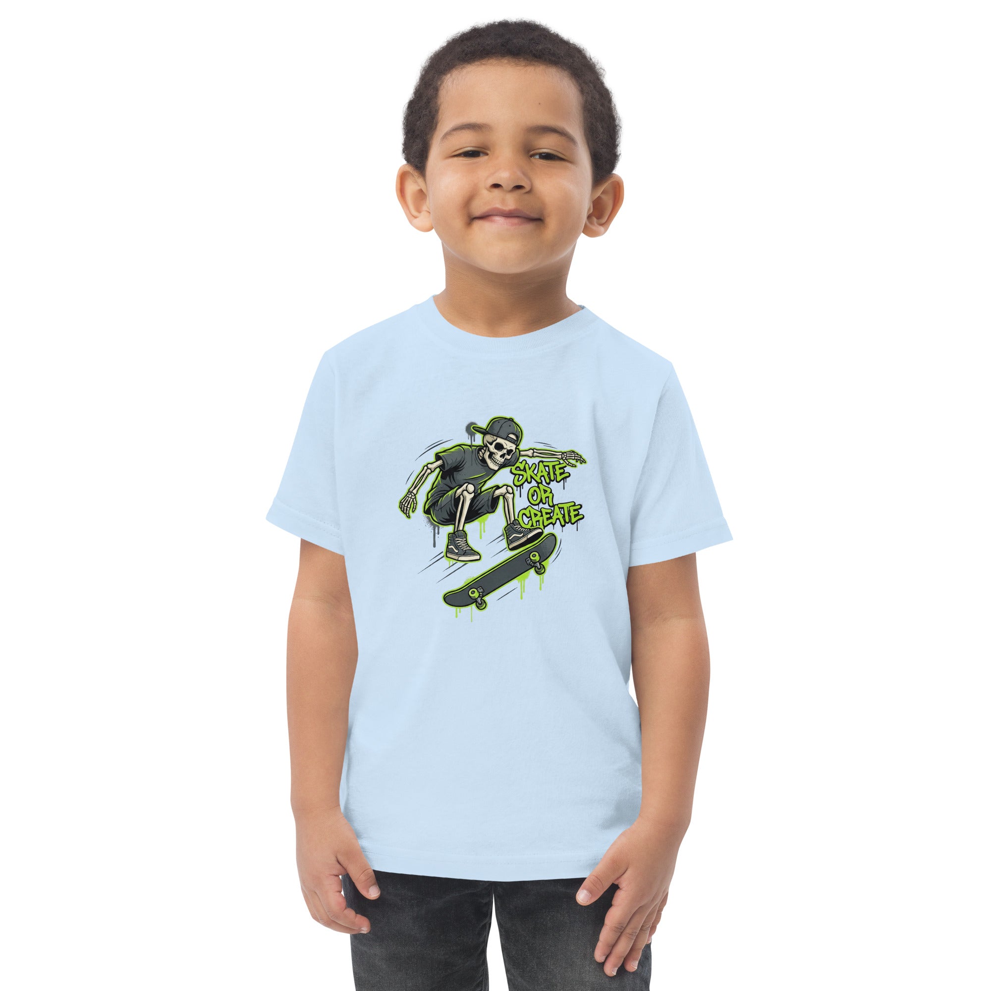 Coocosh toddler shirt featuring a bright skeleton skate image, crafted from soft cotton to ensure comfort during all-day play.